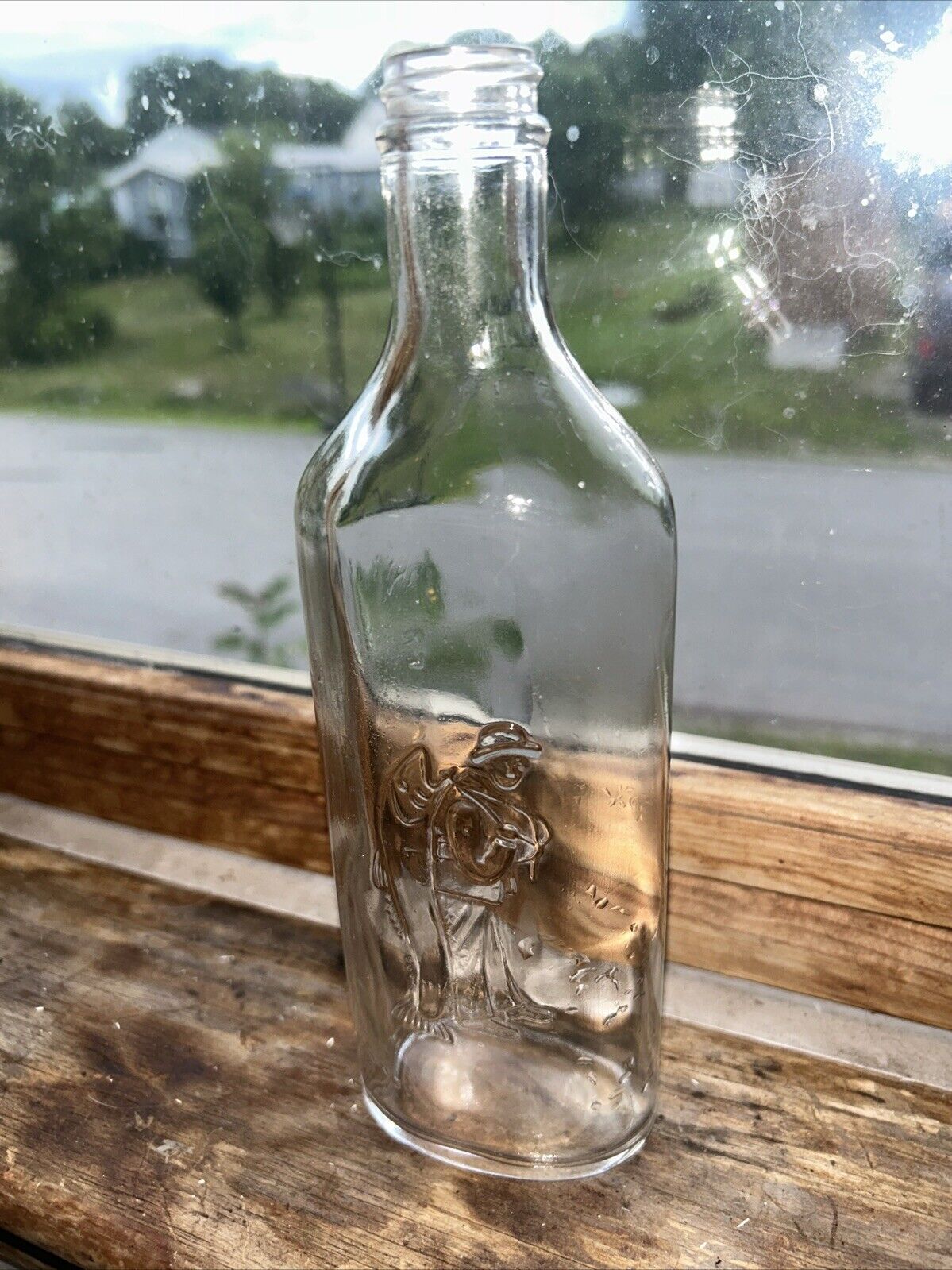 Antique Vintage Embossed Fisherman w/Catch Cod Liver Oil Bottle Owen's Glass