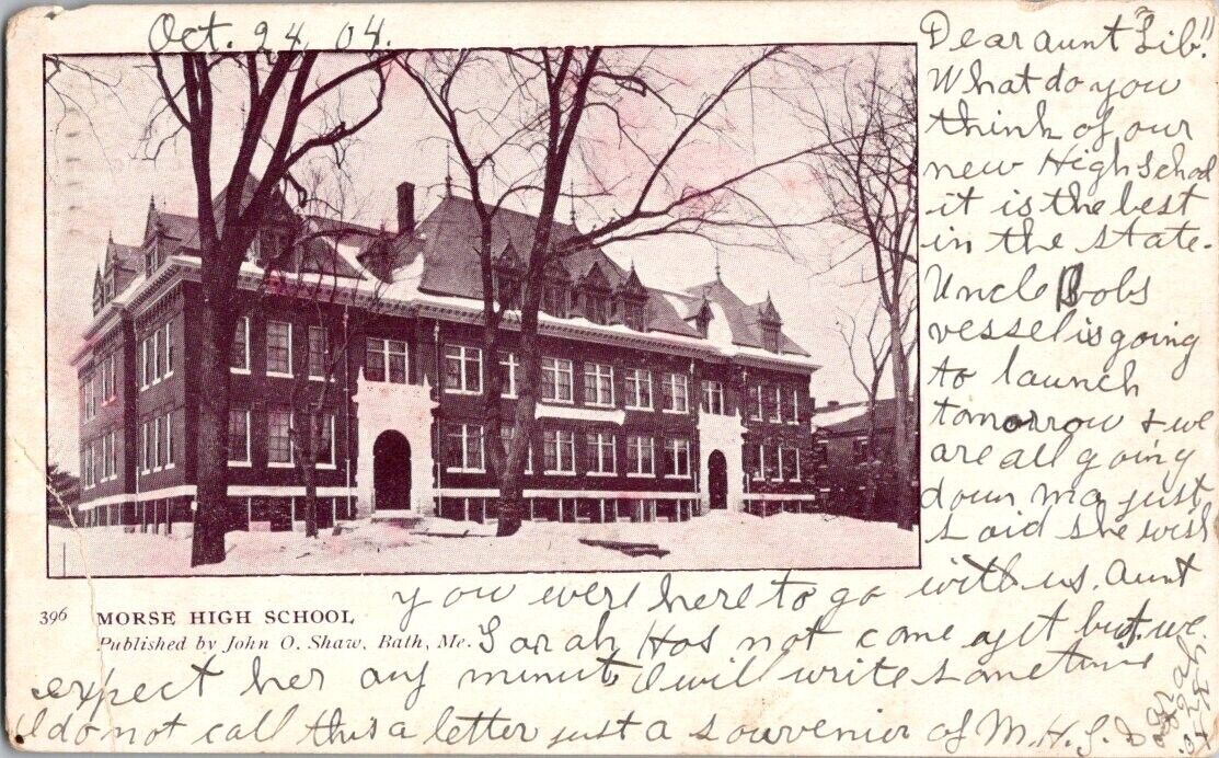 1904 Morse High School Bath, Maine Postcard Snow