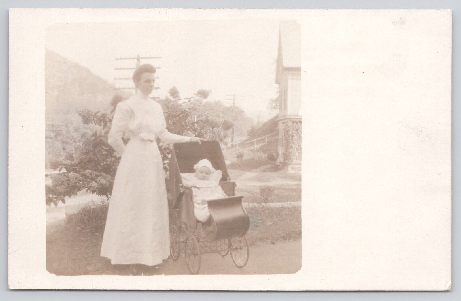 RPPC Real Photo Postcard Woman Victorian Baby Carriage Telephone Pole