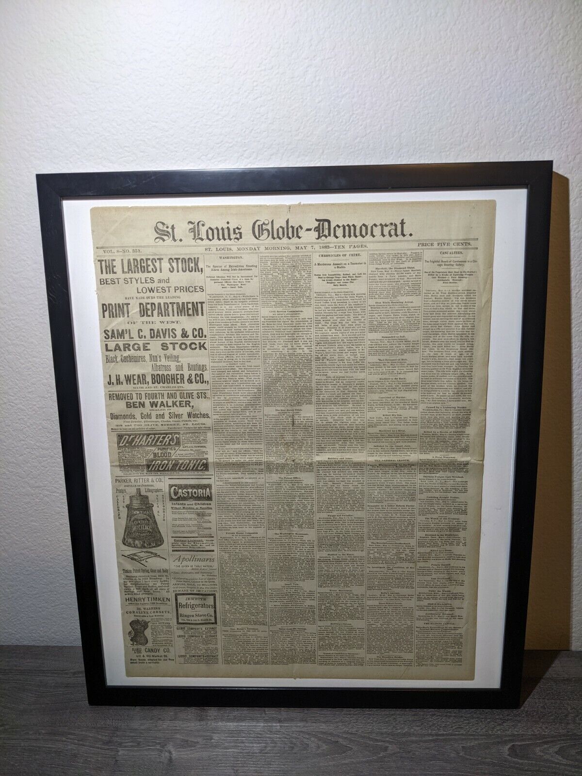 1883 St Louis Globe Democrat NEWSPAPER Page Framed May 7, Crimes, Deaths, News 