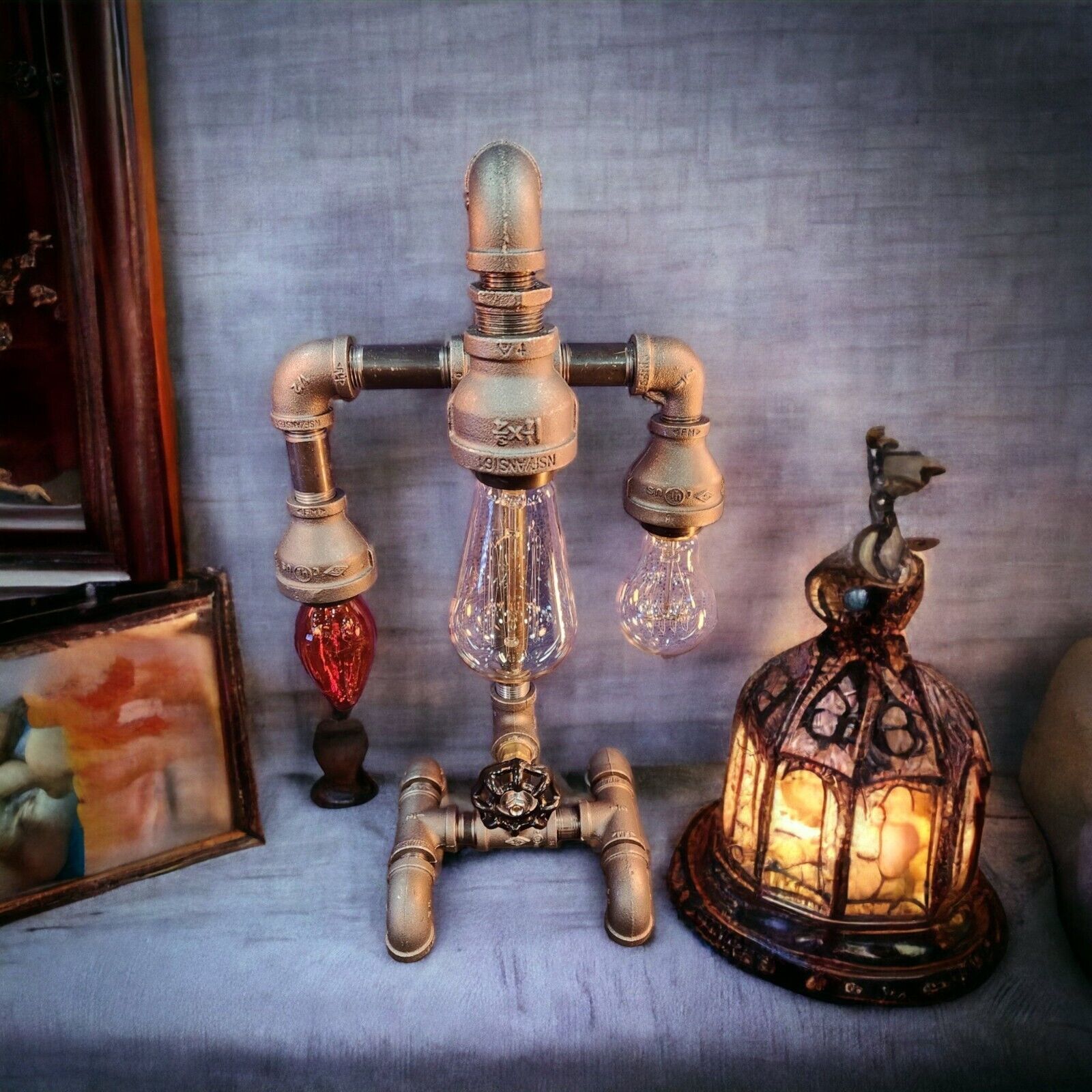 Industrial Pipe Three Bulb Lamp steampunk style with on/off valve switch