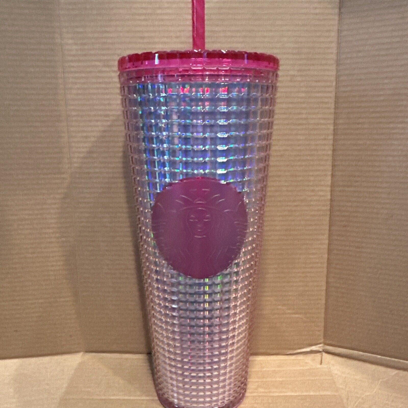 Starbucks 2023 Grid Bubblegum Gradient Pink Silver Iridescent Tumbler Cup 24 oz