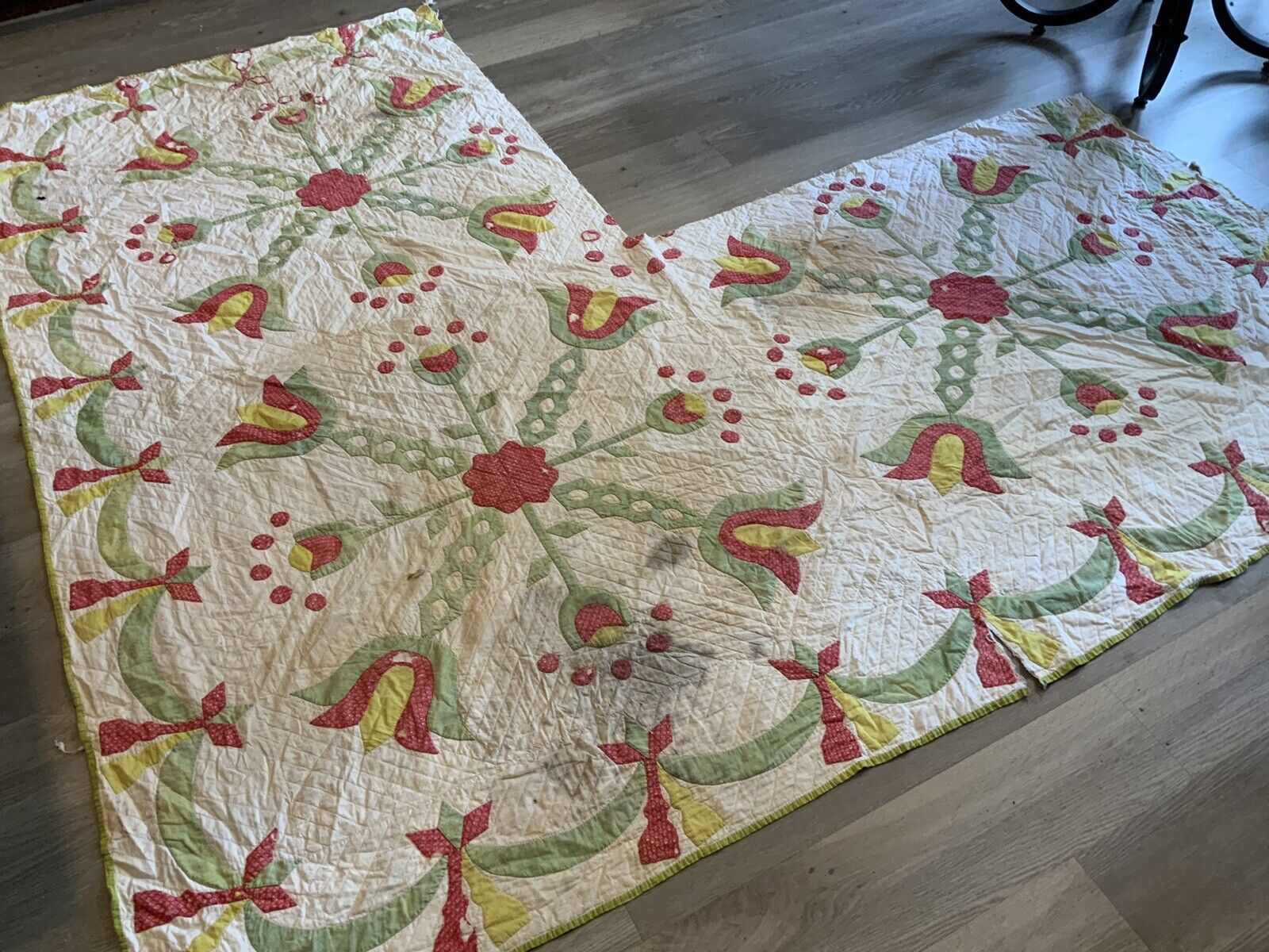 Antique Appliqué Flower & Leaf Quilt, 1880’s, Red, Yellow, Green, Cutter, As Is