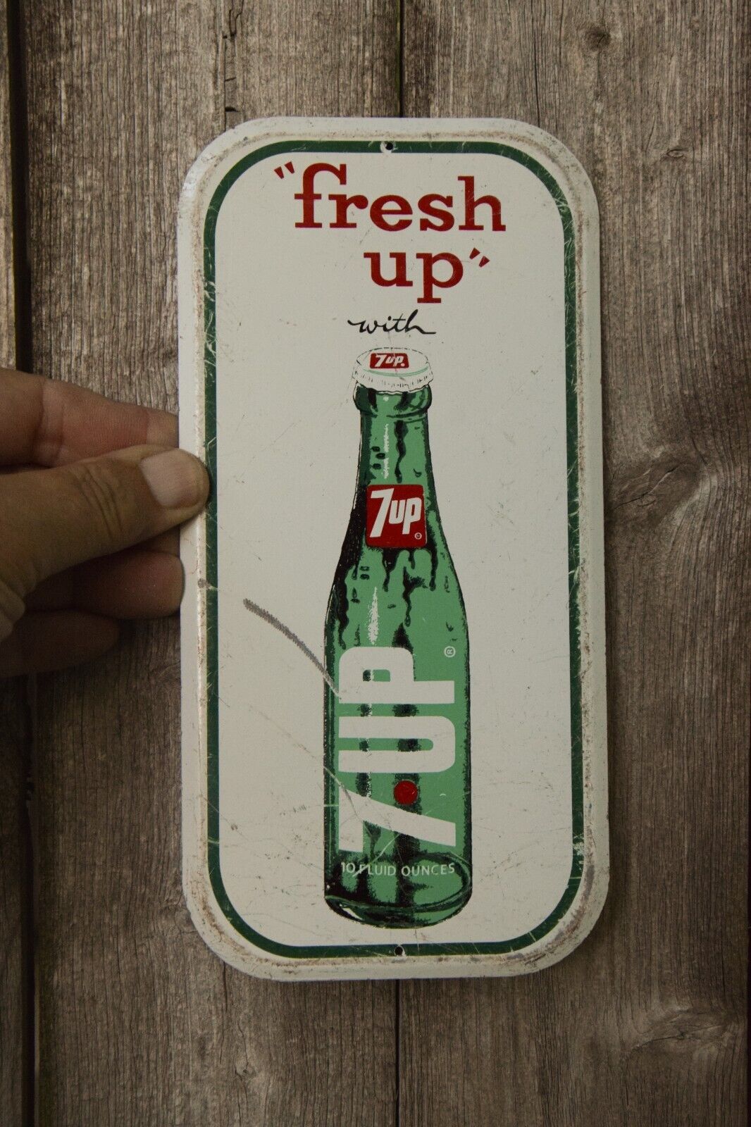 1950s FRESH UP WITH 7UP STAMPED PAINTED METAL DEALER SIGN POP WET SODA FOUNTIAN