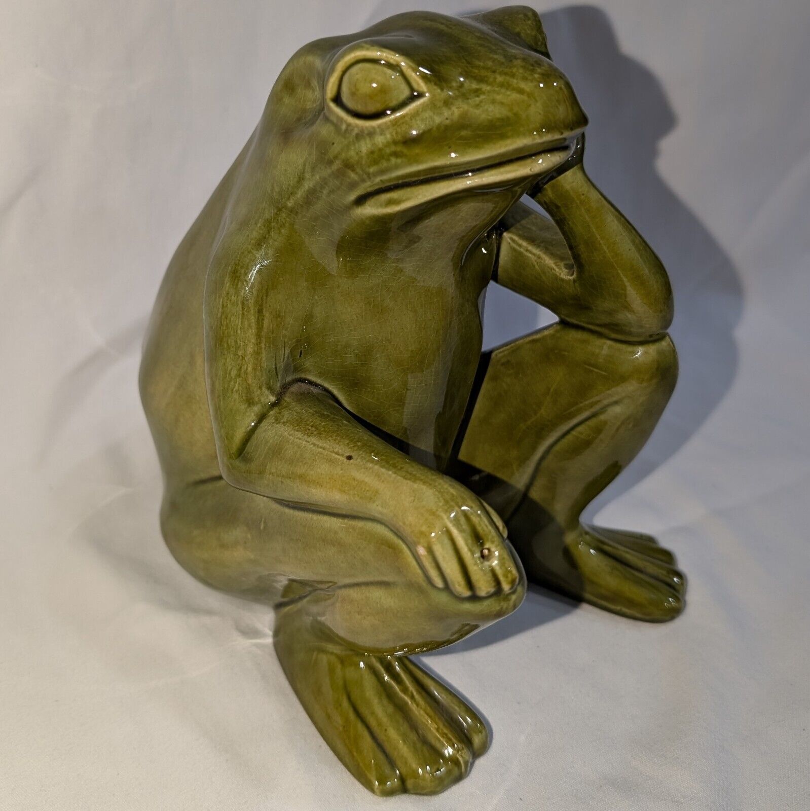 Vintage 1975 Thinking Frog Ceramic Bisque Figurine 7.5