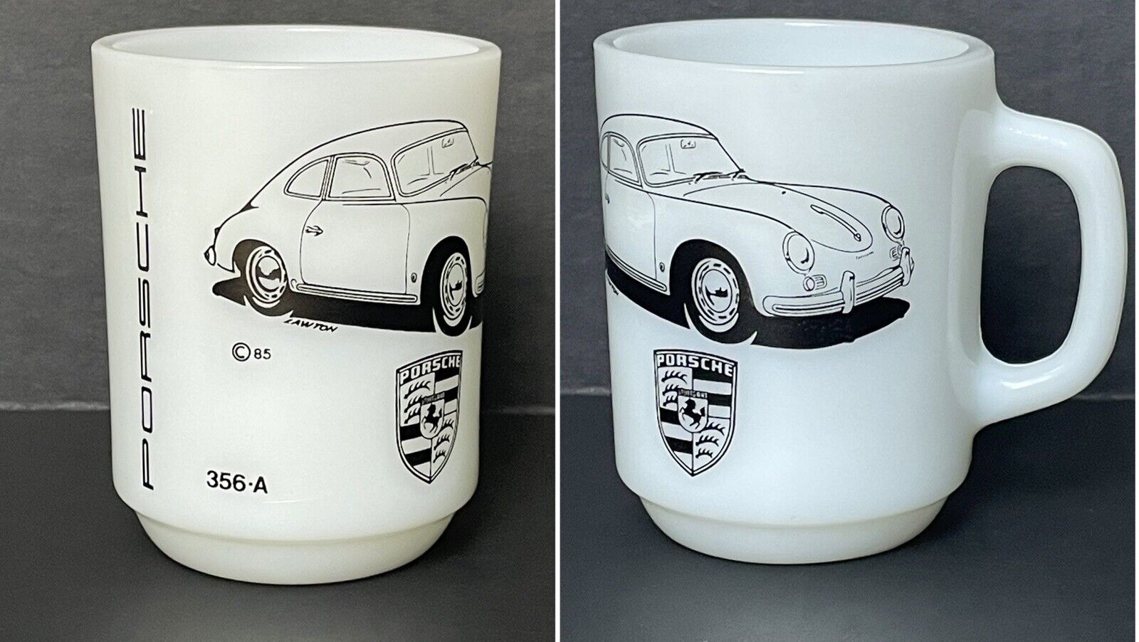 Vintage Rare Porsche 356A Sports Car Anchor Hocking Milk Glass Mug USA - Unused