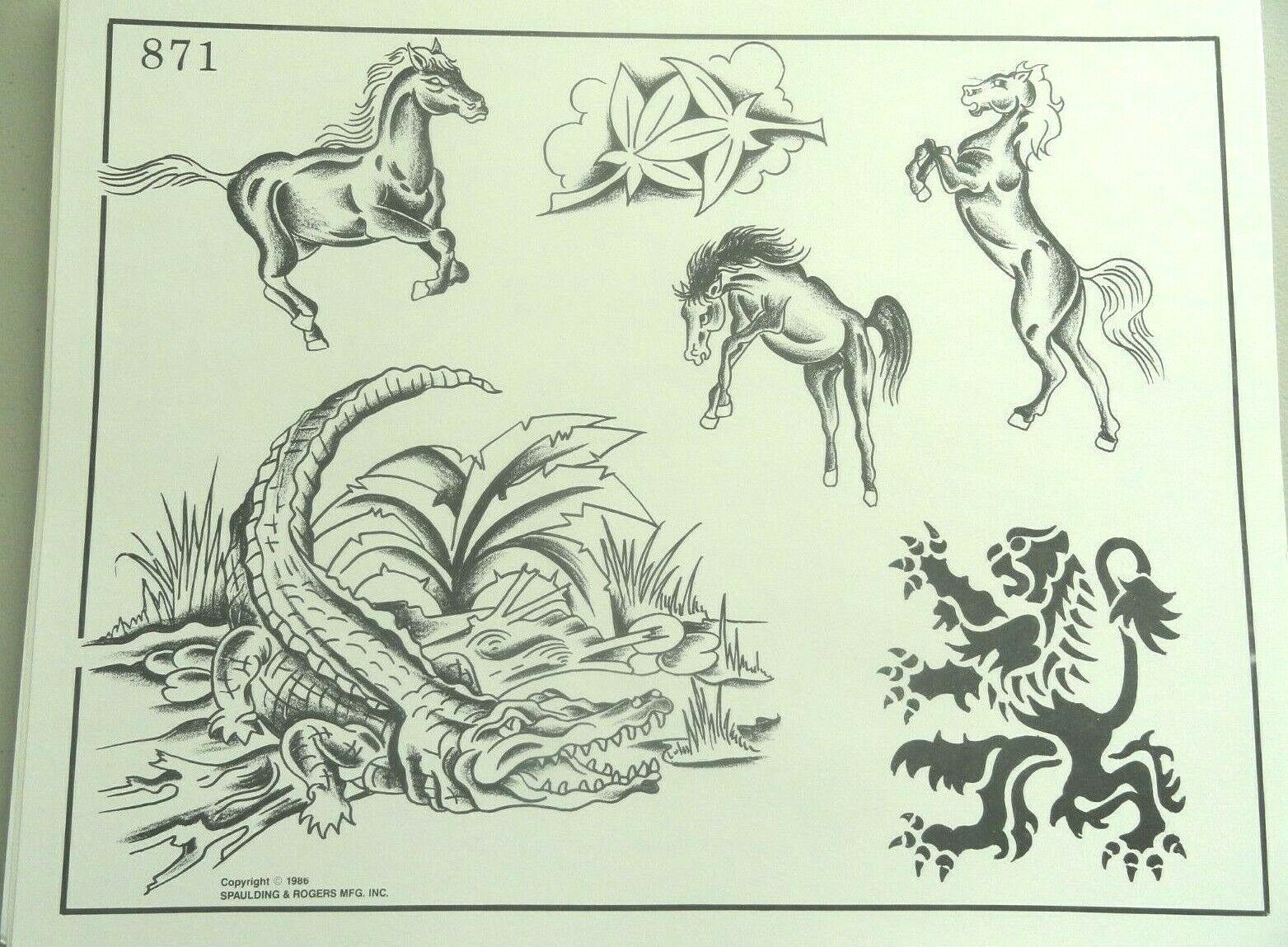 Vintage 1986 Spaulding & Rogers Tattoo Flash Sheet 871 Alligator Horse Lion