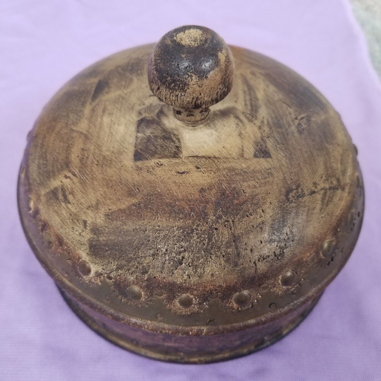 Round Wood and Brass Stash Trinket Box Bowl and Lid