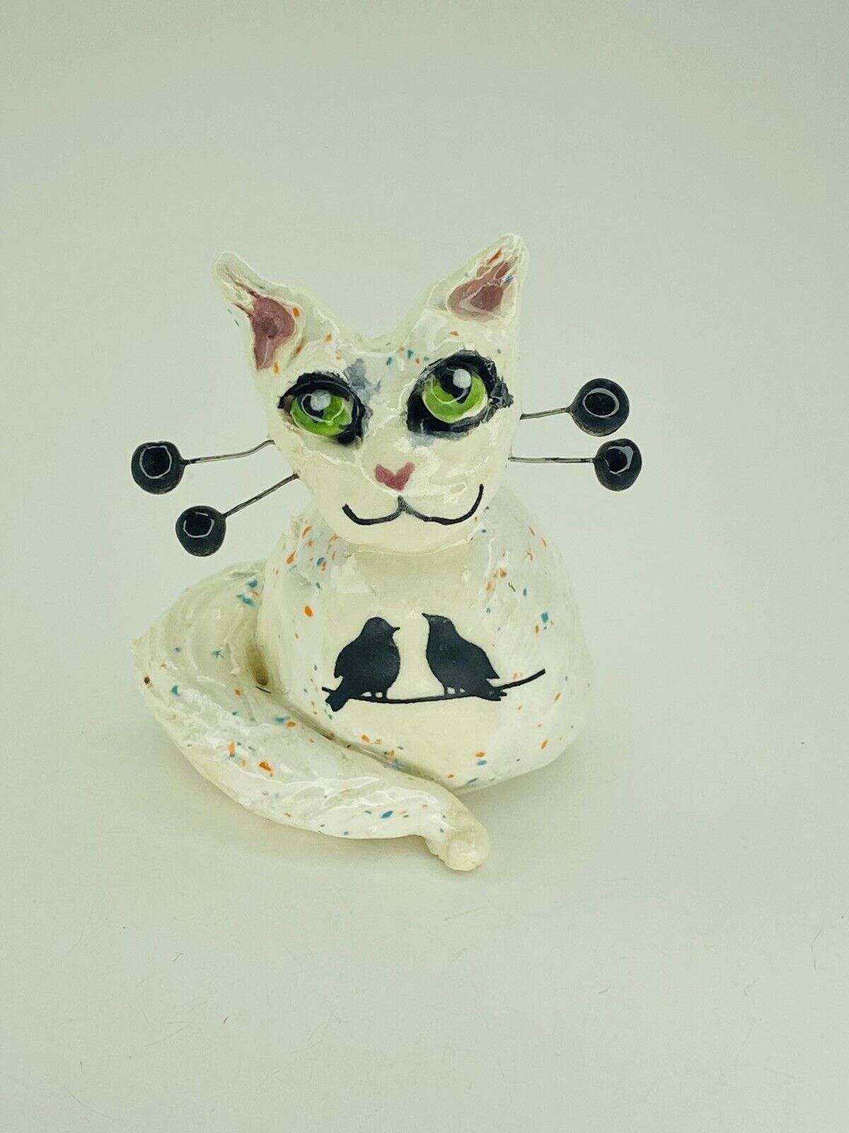 Rare Amy Lacombe Big Green Eyed White Speck Kitty Cat Miniature Estate Figurine