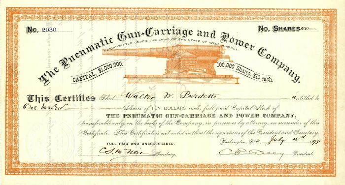 Pneumatic Gun-Carriage and Power Co. - Stock Certificate with Cannon Vignette - 