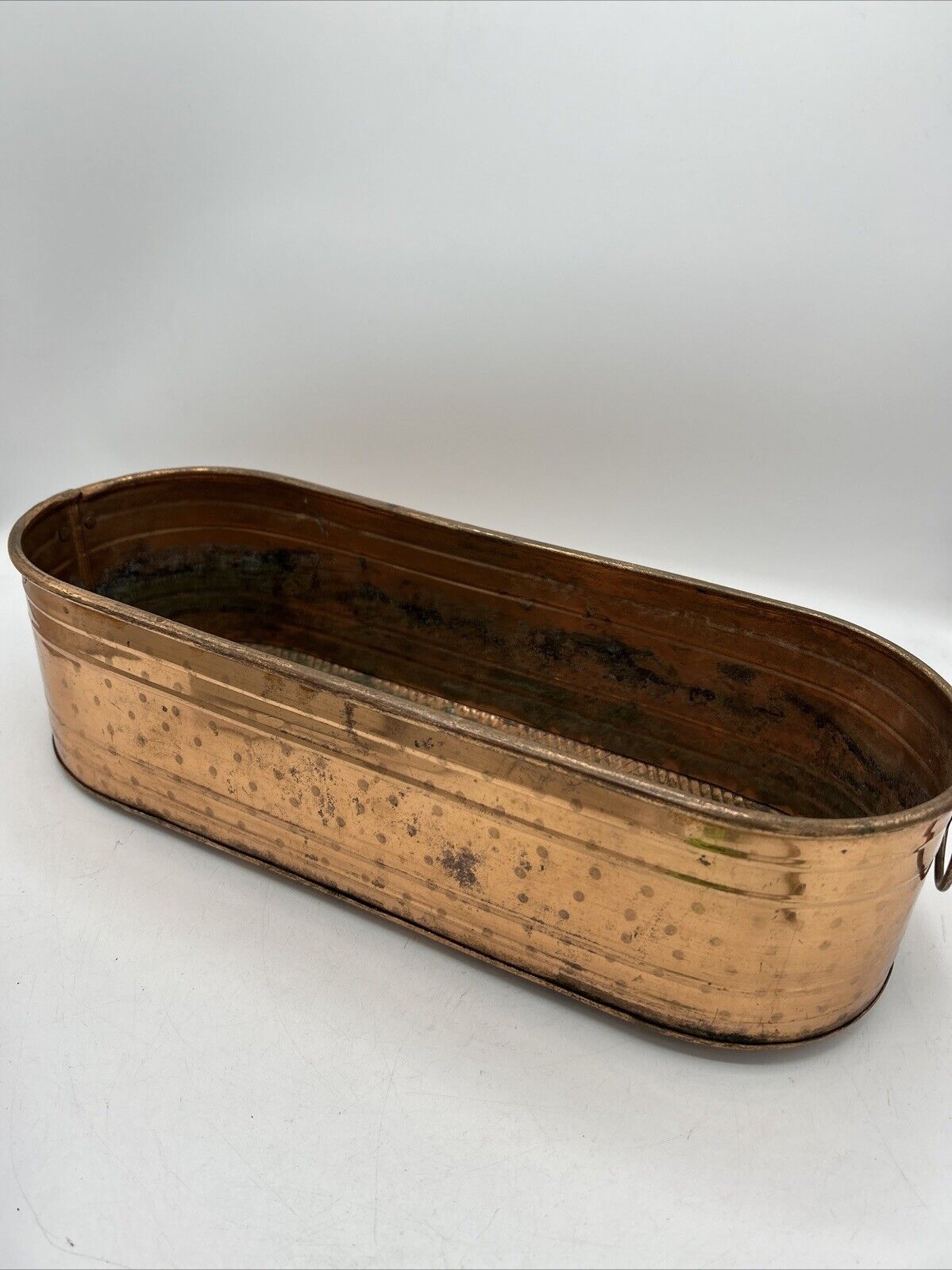 Vintage Copper Vintage Planter Trough Bowl Tub Brass Handles Oval  16” X 6” X 5”