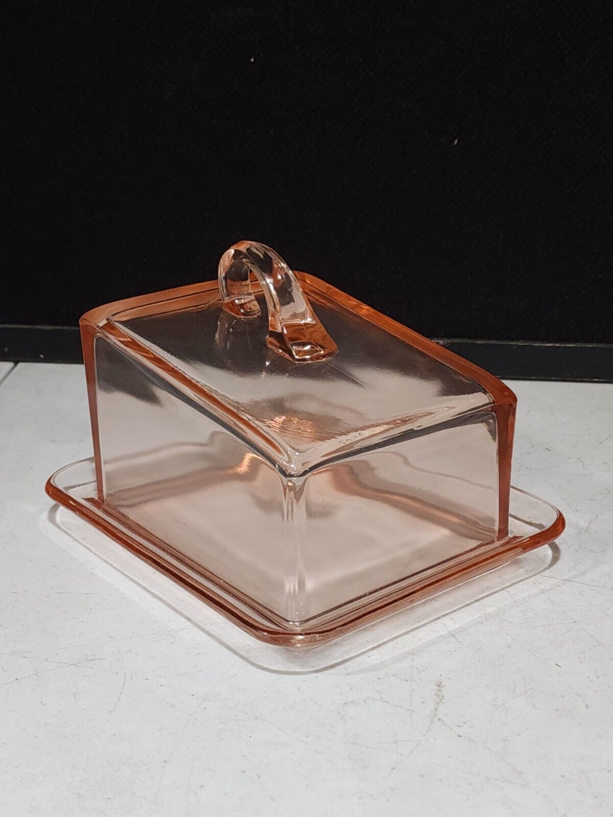 Vintage Pink Depression Glass Square Cheese Butter Dish Box Loop Handle