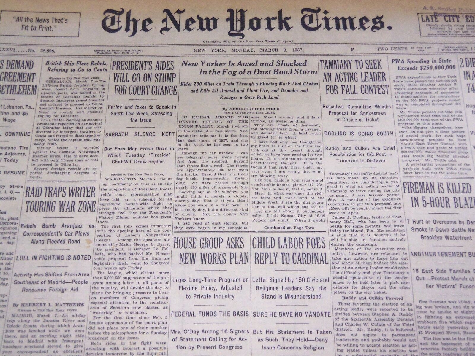 1937 MARCH 8 NEW YORK TIMES - DUST BOWL AWE AND SHOCK - NT 3399