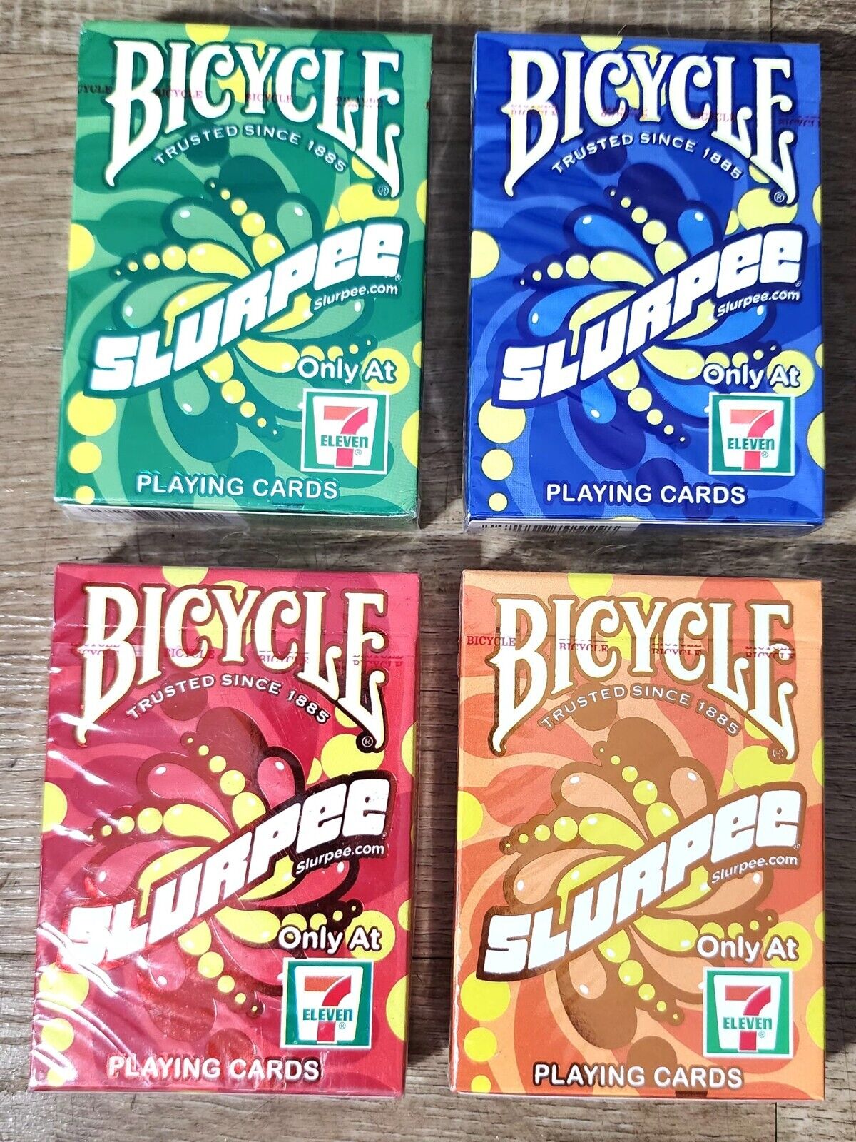 Bicycle 7-Eleven Slurpee orange green Blue Red Collectors playing cards Lot (4)