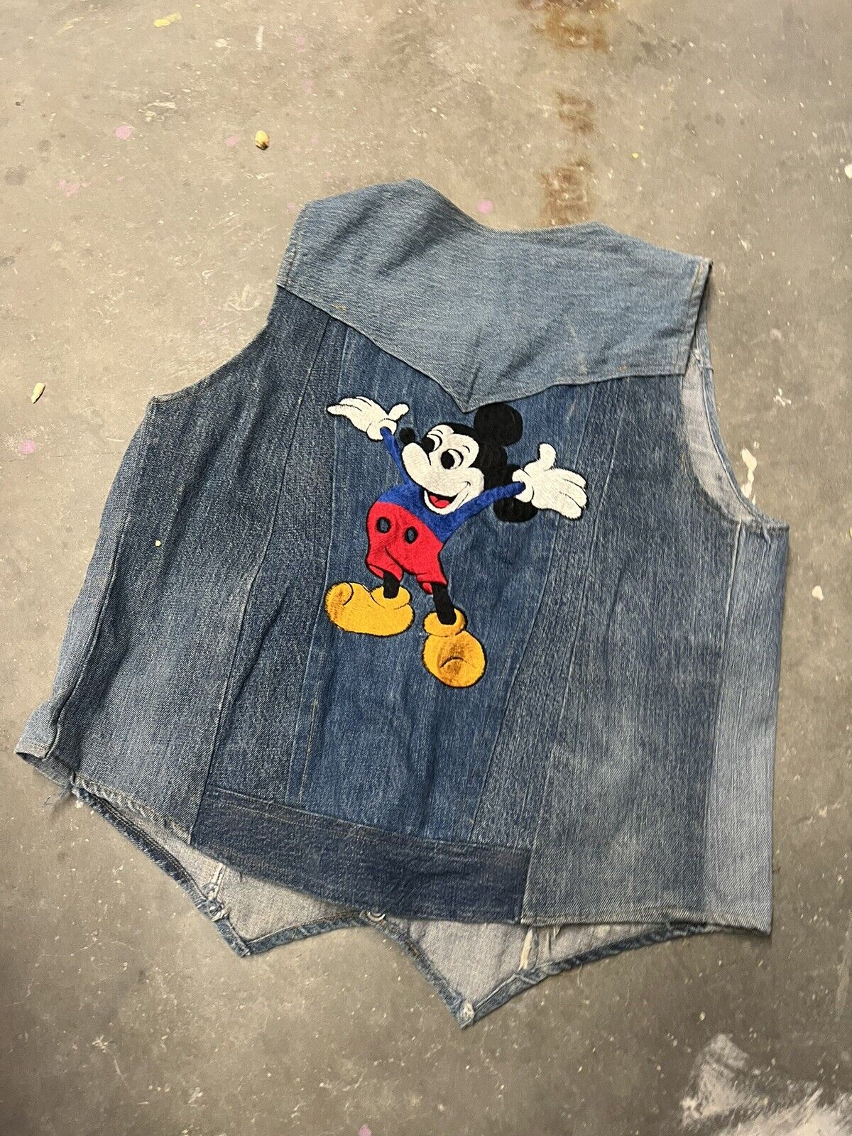 VTG  Disney Mickey Mouse embroidered Patch Worked Blue Denim  Vest 70s Hand Made