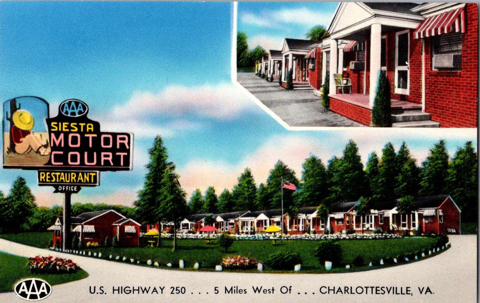 Vintage C. 1960's Siesta Motor Court US Highway 250 Charlottesville VA Postcard