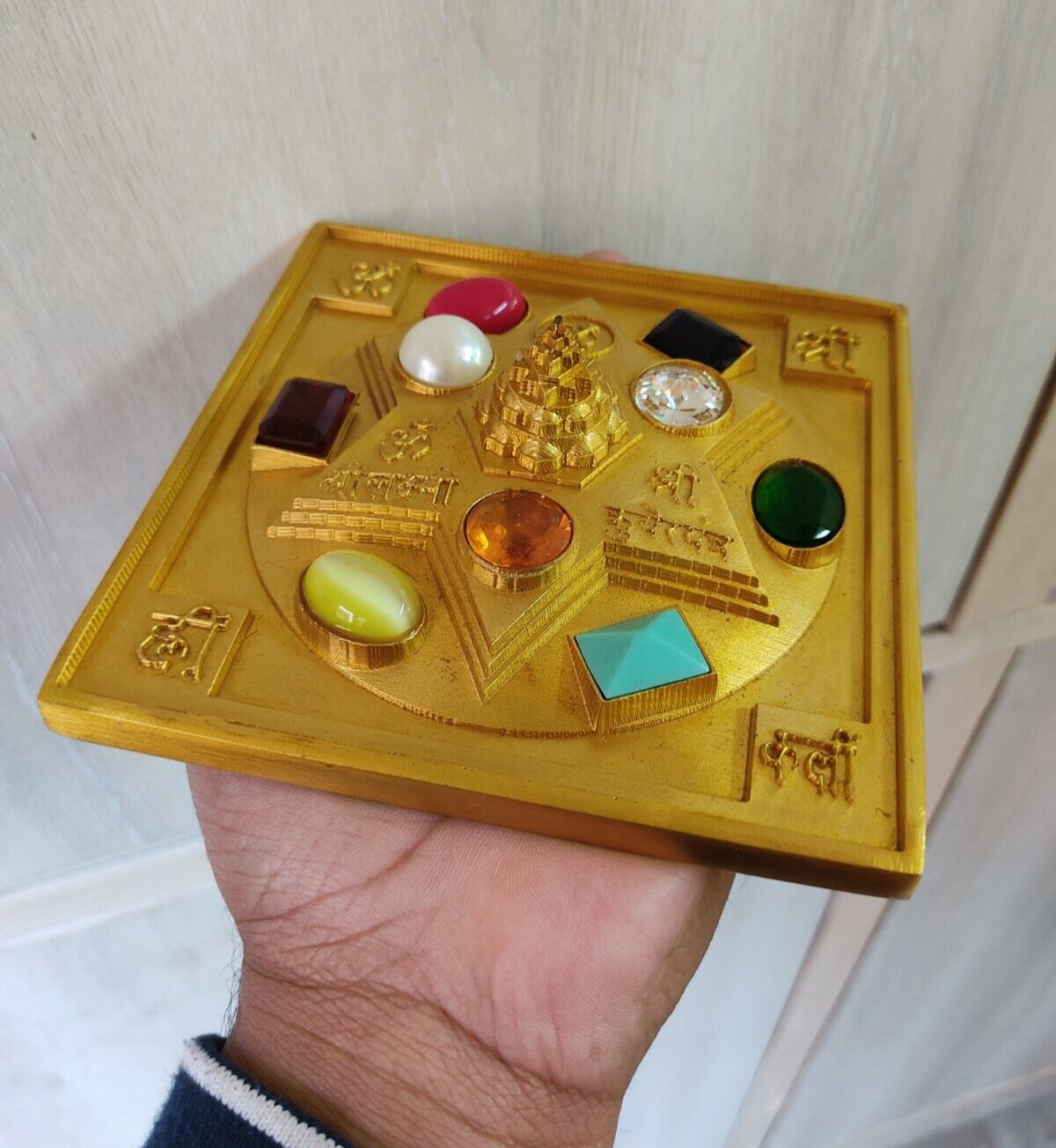 Meru Laxmi Kuber Yantra Chowki with gemstone embedded for good fortune health