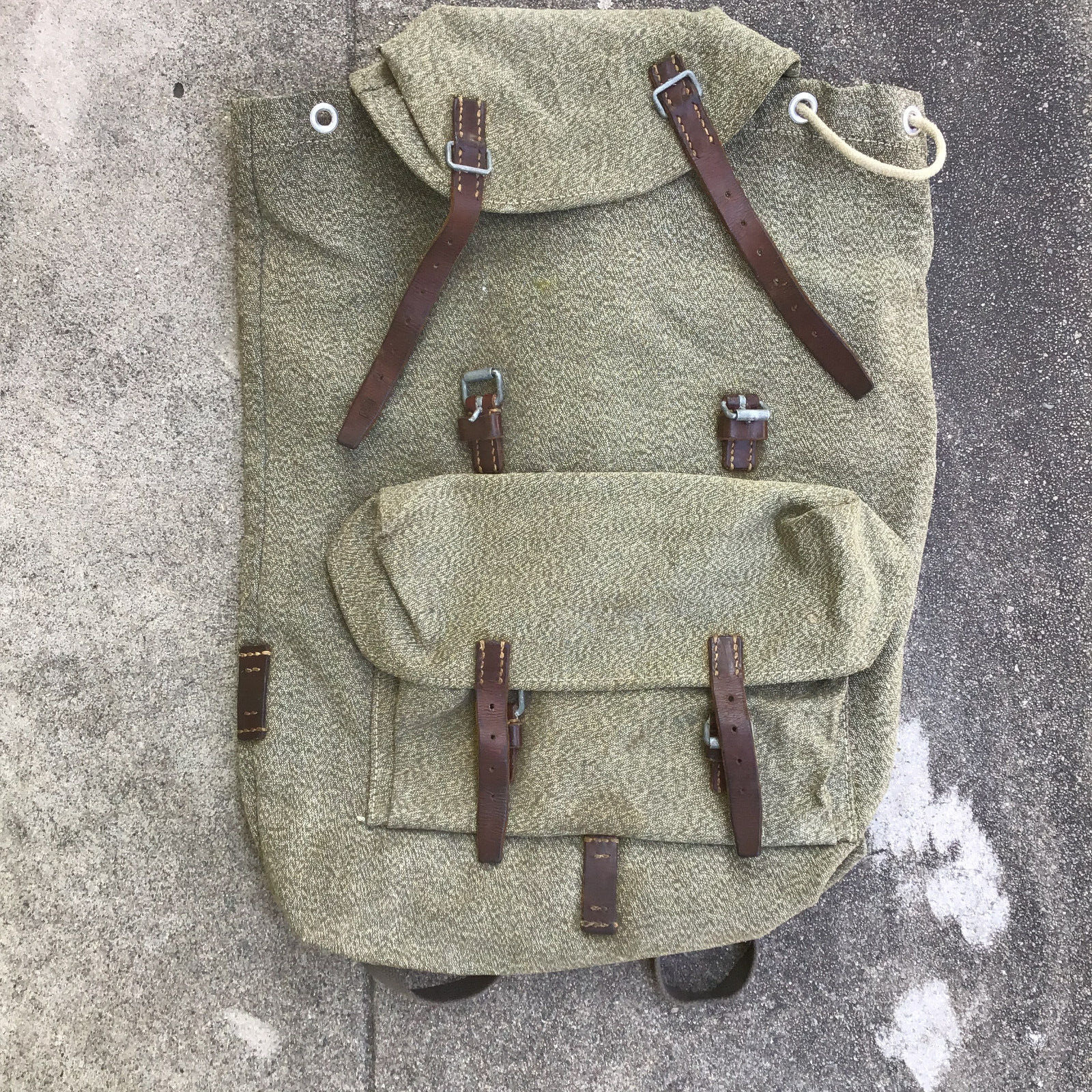 Vtg Swiss Army Military Backpack Rucksack Salt Pepper Canvas Leather Langnau