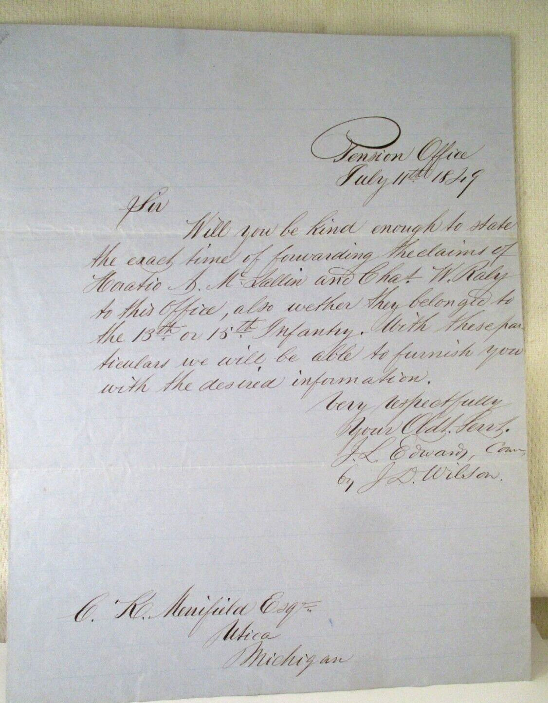 1849 LETTER US PENSION OFFICE REGARDING INFANTRY SOLDIERS J.L. EDWARDS WAR DEPT