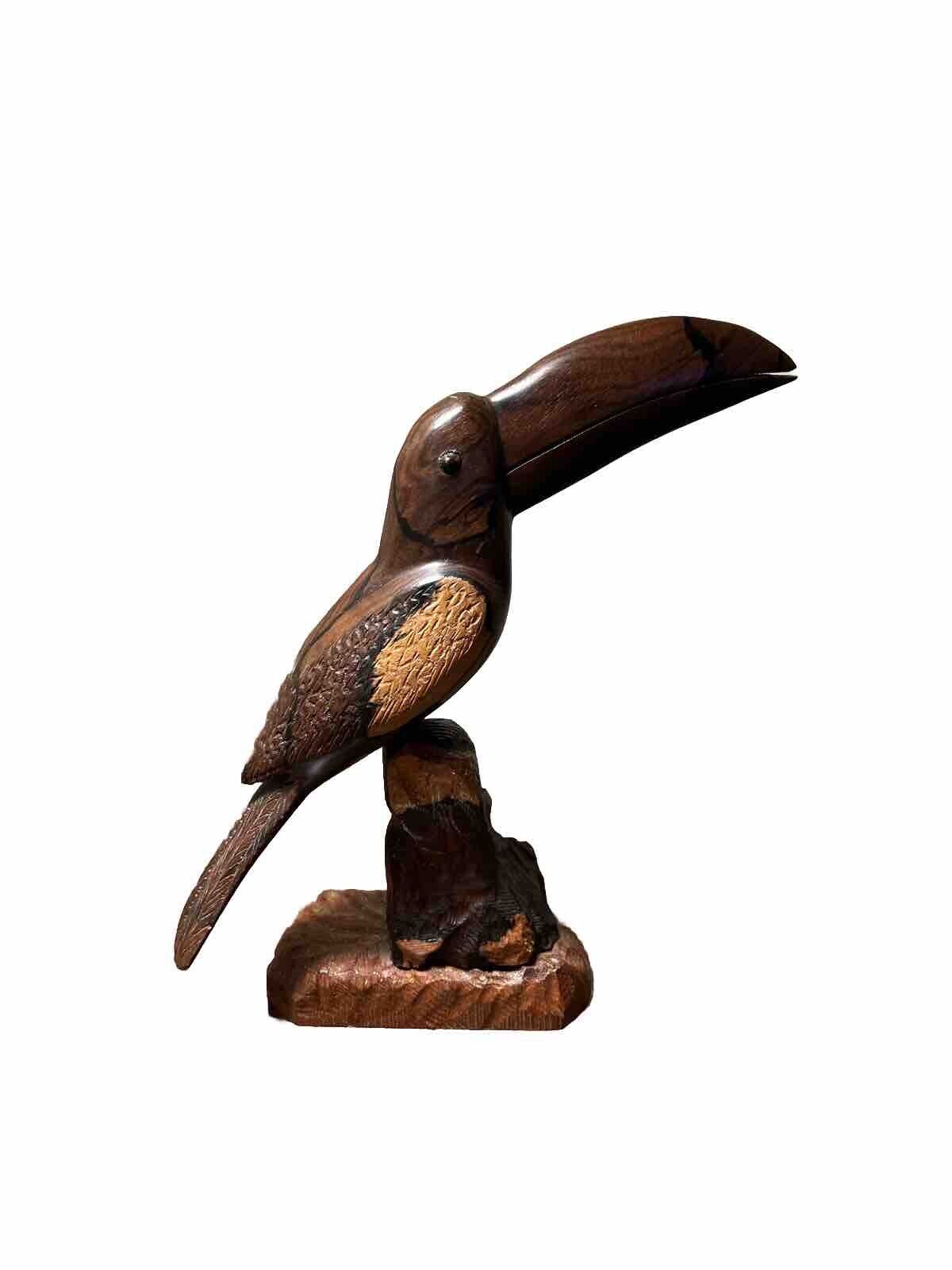 Vintage Wooden Toucan with Intricately Carved Tail Feathers Very Detailed Pivots