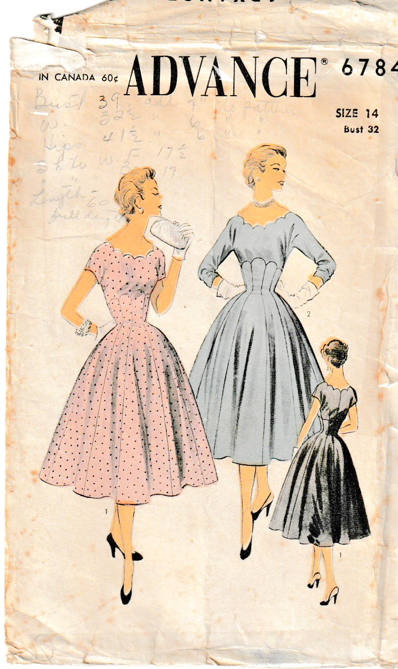 Vintage Advance Pattern 6784; Lovely Scalloped Neckline Dress, Size 14