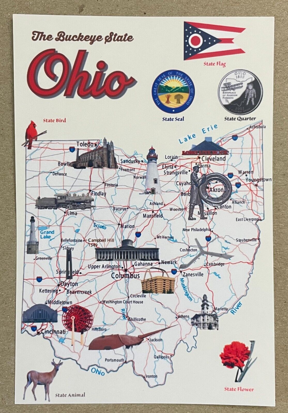 Postcard blank Ohio State Map 4x6 with State Facts and background
