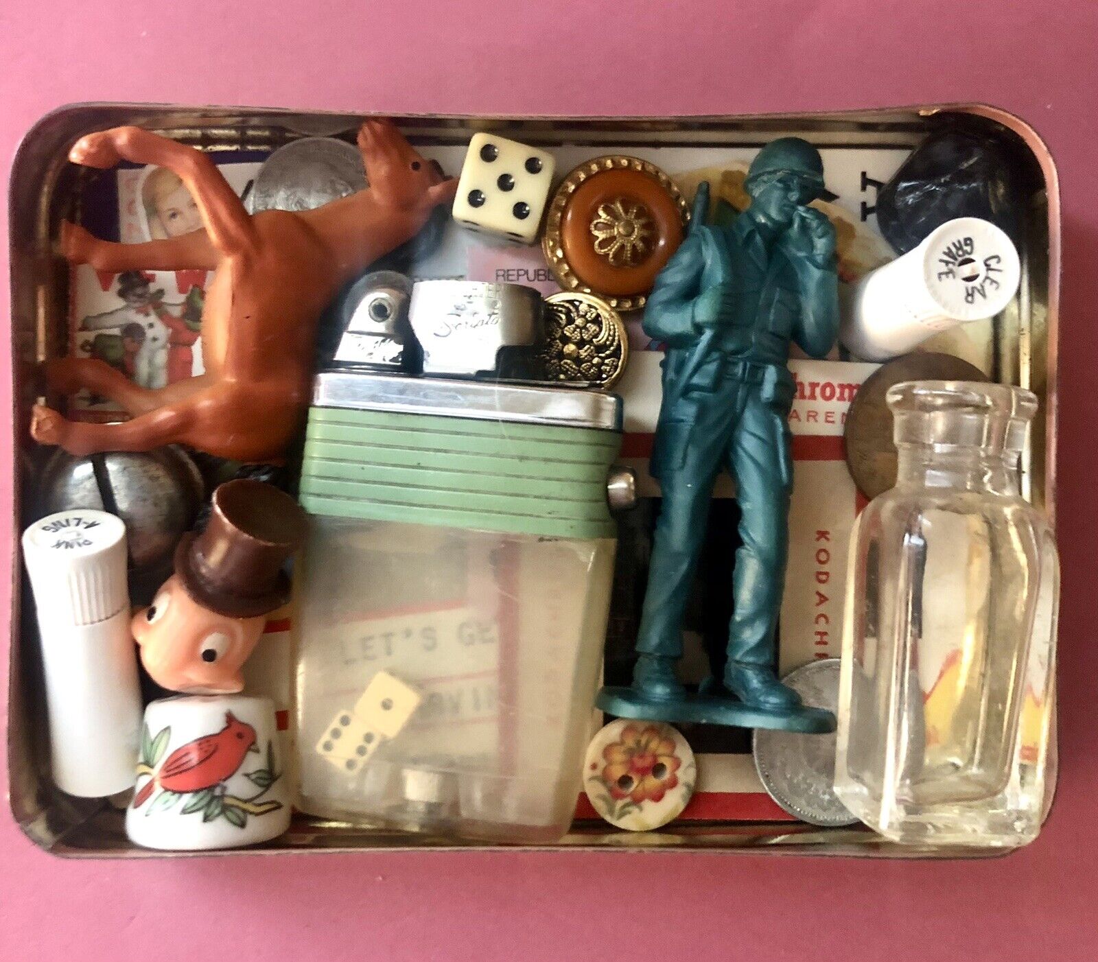 Vintage Tin Of Small Treasures. Ephemera, Sewing Buttons, Stamps, Vintage Toys..