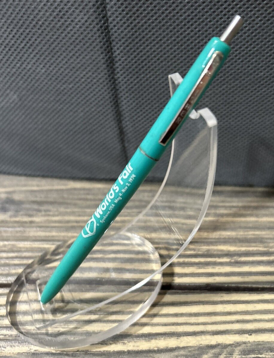 Vintage 1974 Worlds Fair Spokane USA Turquoise Teal Pen Advertisement Fisher