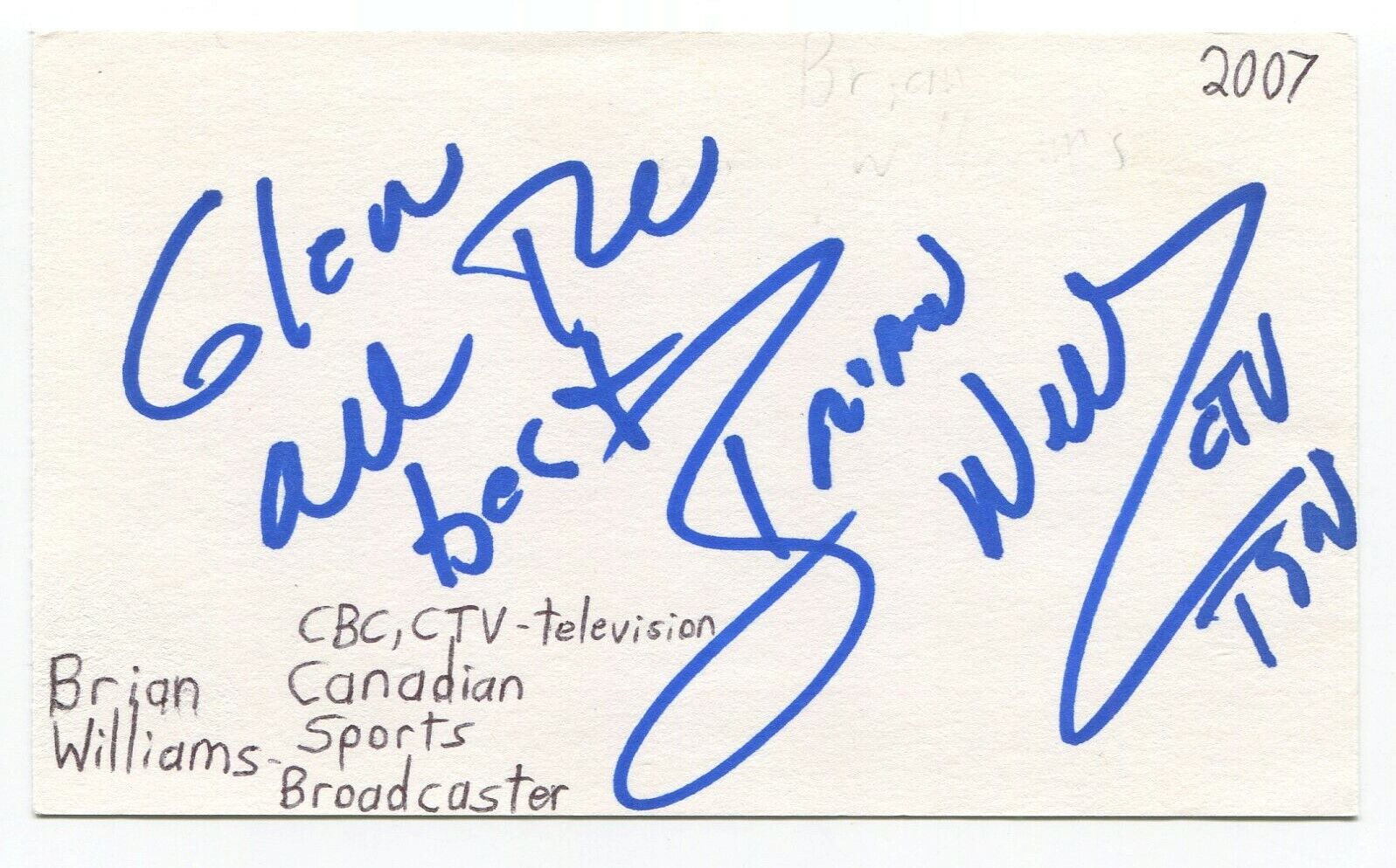 Brian Williams Signed 3x5 Index Card Autographed Canadian Sportscaster Olympics