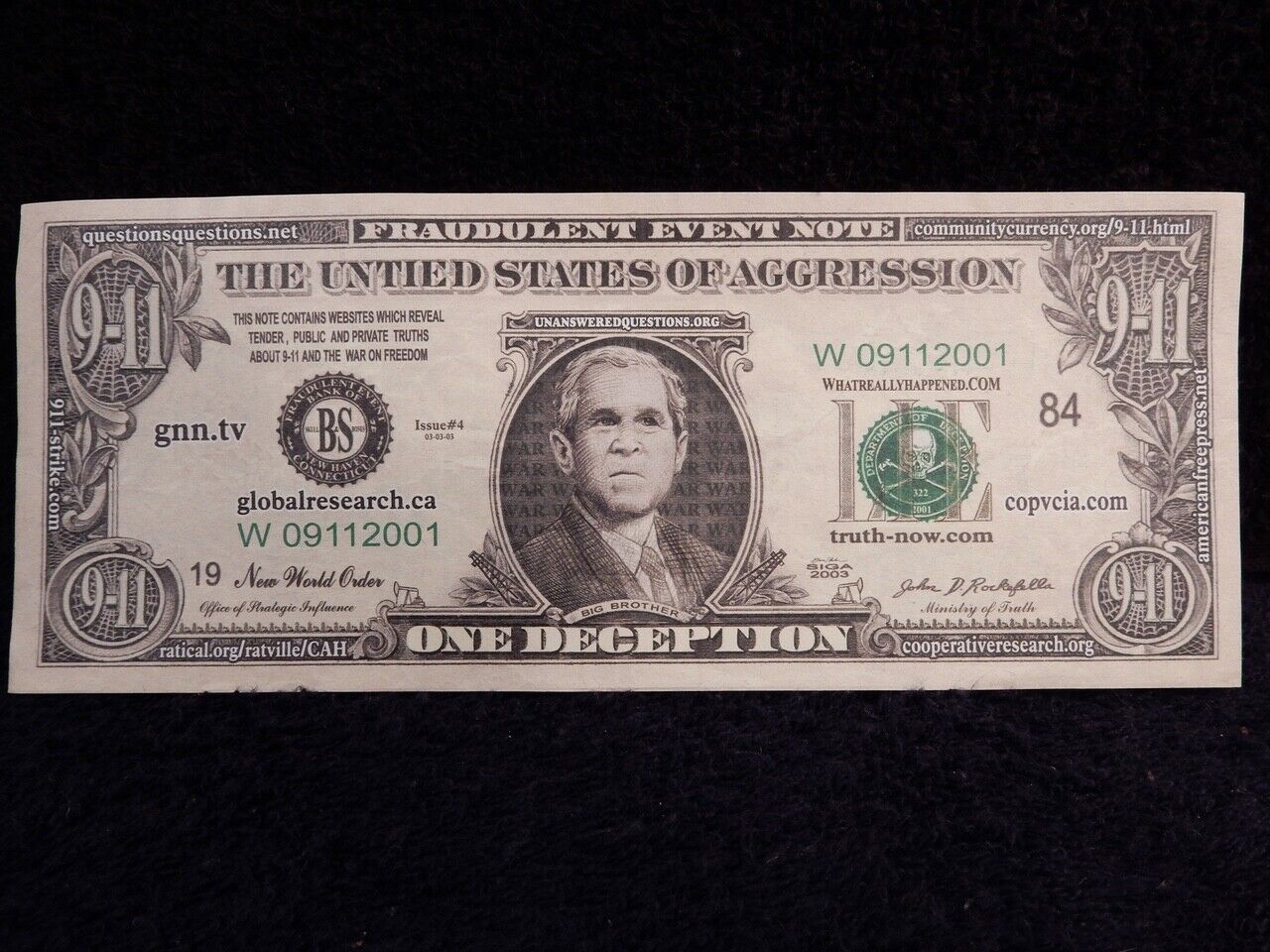 Rarest 9-11 Bill - Fraudulent Event Note - One Deception dollar collector set 