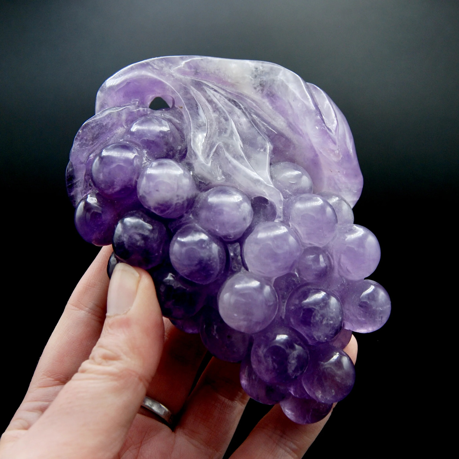 1.2lb 5in XL Juicy Amethyst Quartz Carved Crystal Grapes, Dark Purple Amethyst G