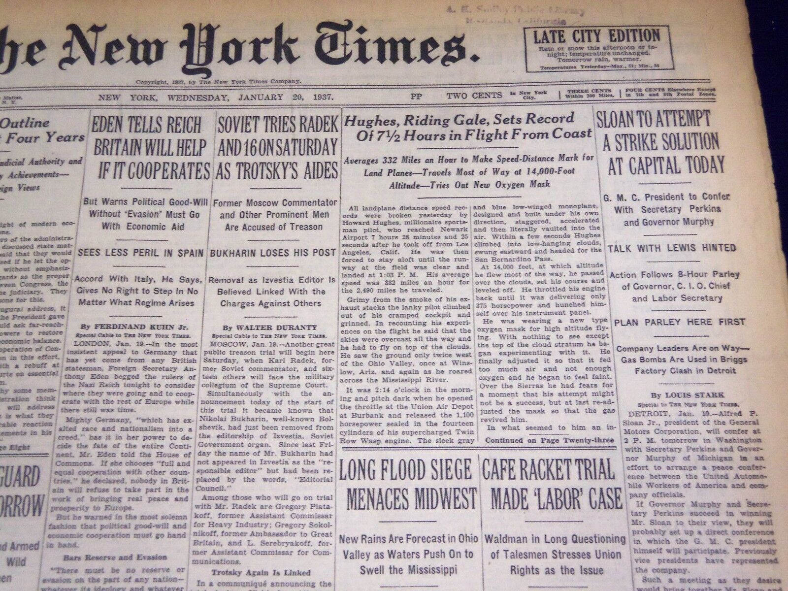 1937 JAN 20 NEW YORK TIMES - HUGHES RIDING GALE SETS RECORD OF 7 1/2 HR - NT 719