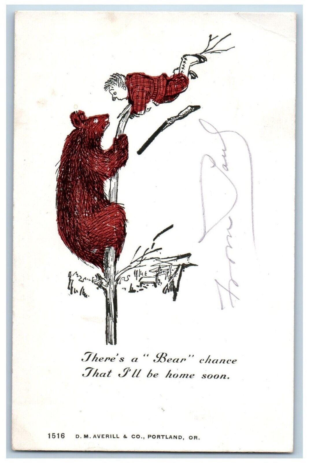 Comic Humor Postcard Hunter There\'s A Bear Chance That I\'ll Be Home Soon 1906