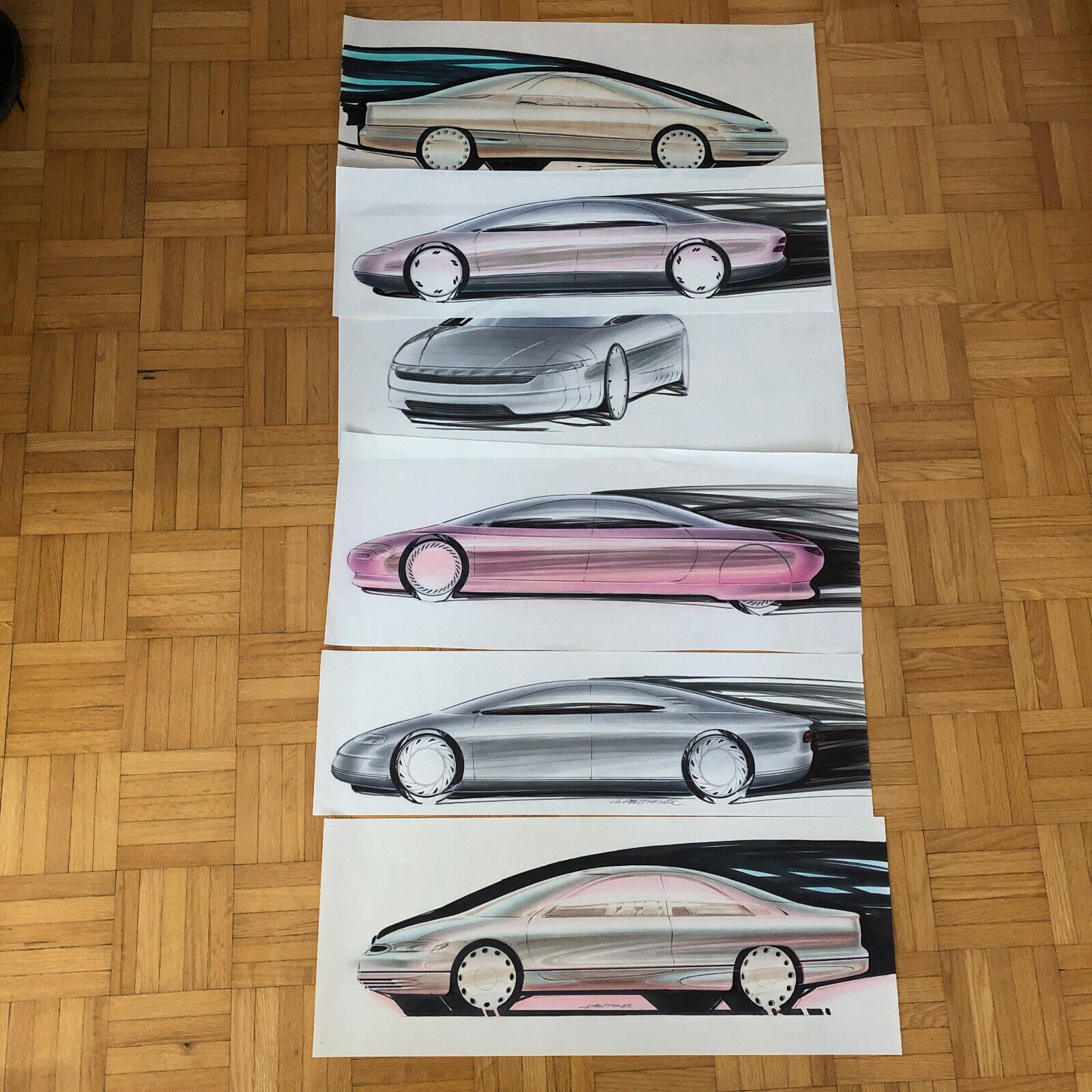Car Styling Concept Illustration Art Drawing Sketch Vintage Lot 6x