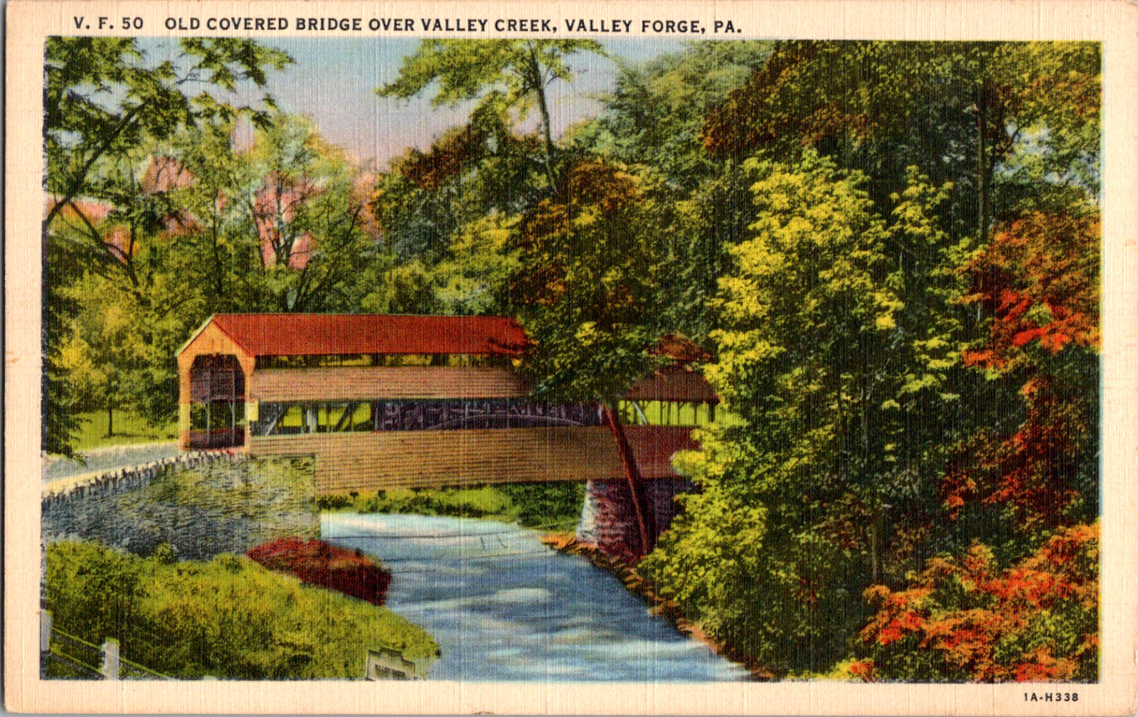 Vintage 1940s Valley Creek Covered Bridge, Valley Forge Pennsylvania PA Postcard