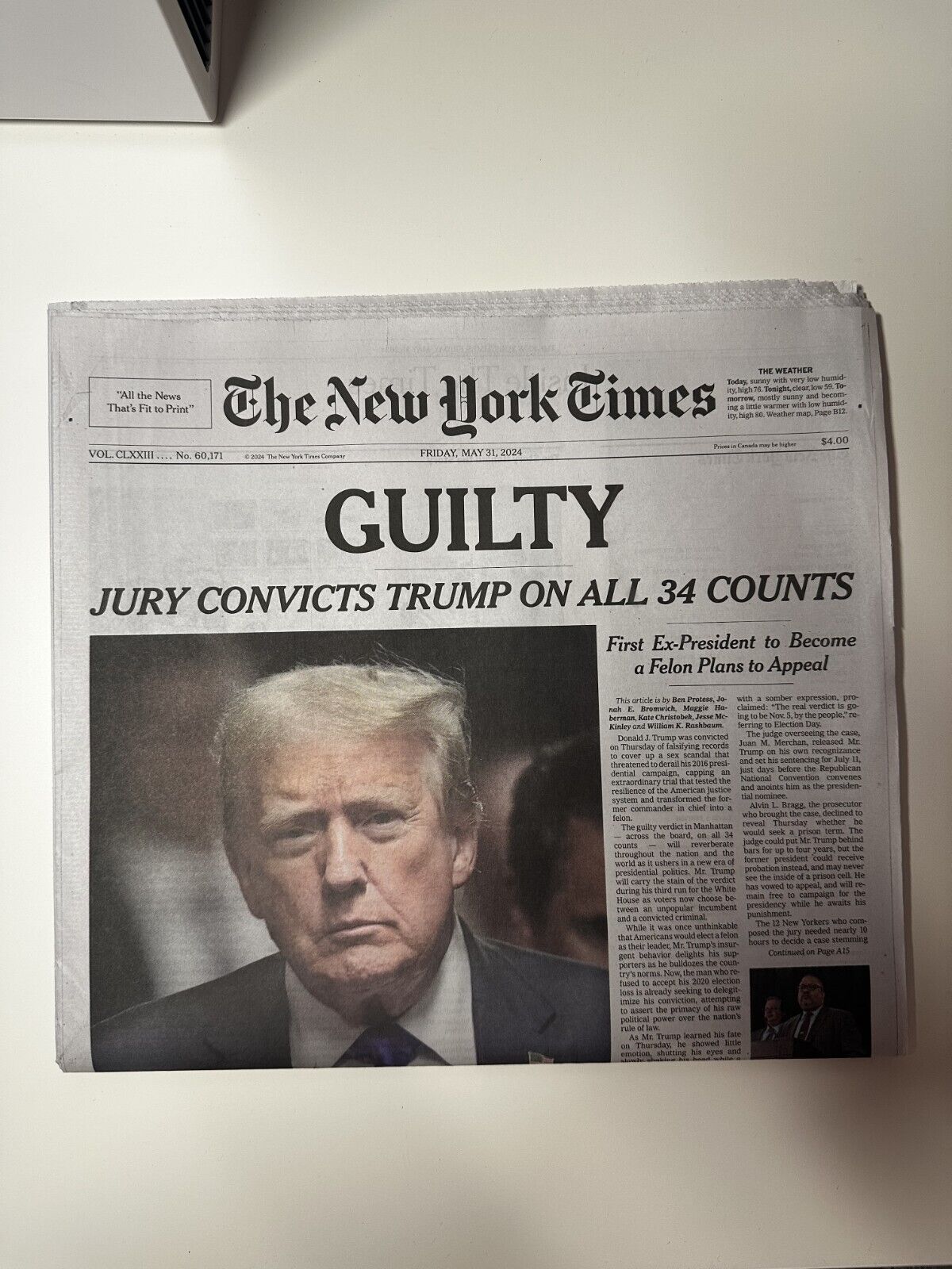 NEW YORK TIMES NEWSPAPER - TRUMP GUILTY ON ALL 34 COUNTS - MAY 31, 2024 FRIDAY