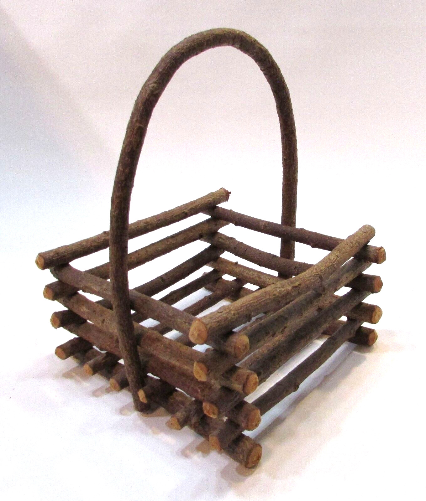 Primitive Old 1980\'s Rustic Handmade Grapevine Branch Vintage Wood Hand Basket
