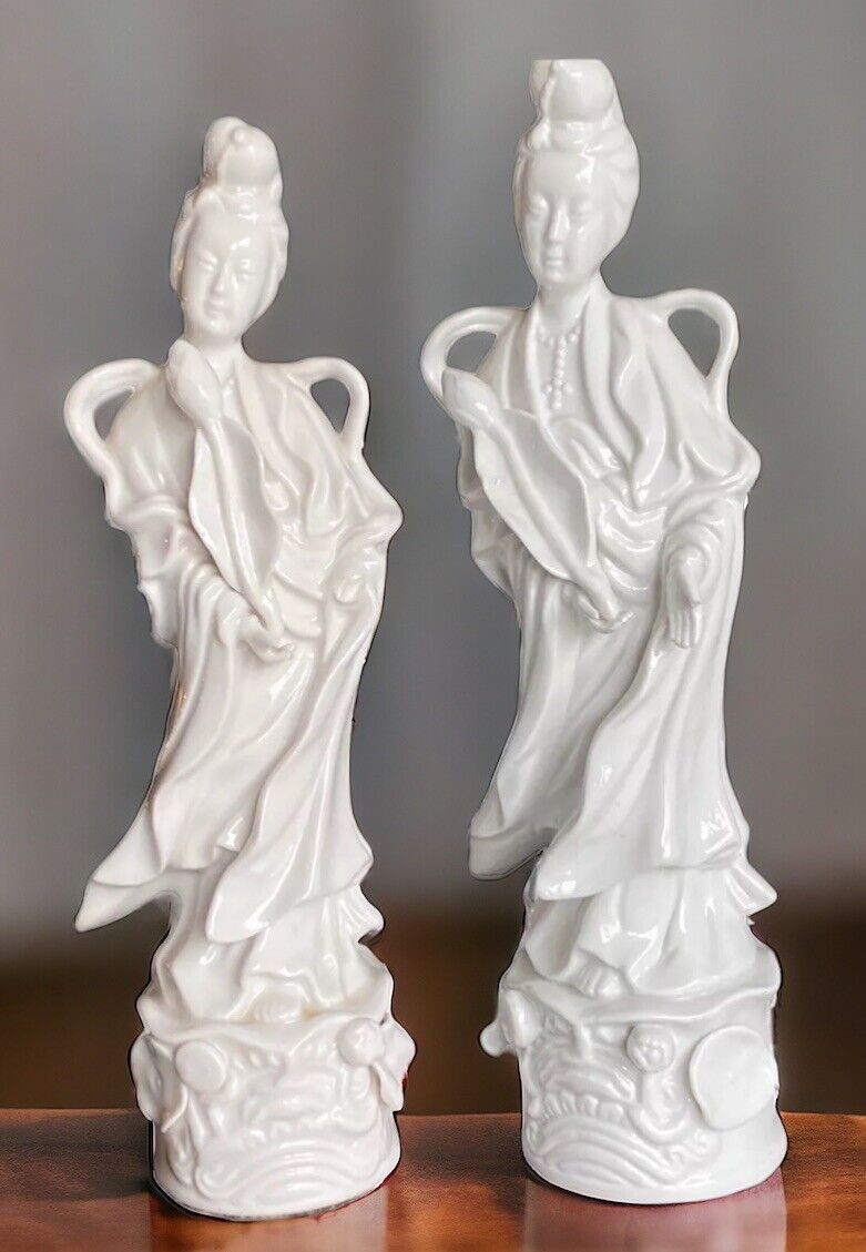 Kwan Yin White Porcelain Figurine Chenin Blanc Lotus Statue Pair Woman 1940s Vtg