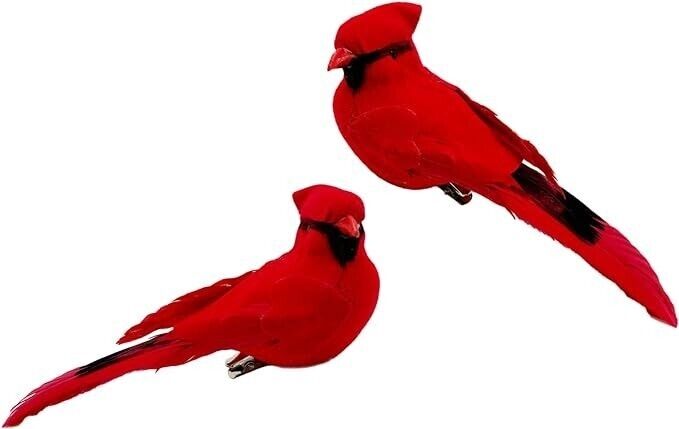 2pc Ornamental Feathered Red Cardinal Figurines 6 inches Head to Tail / Clips on