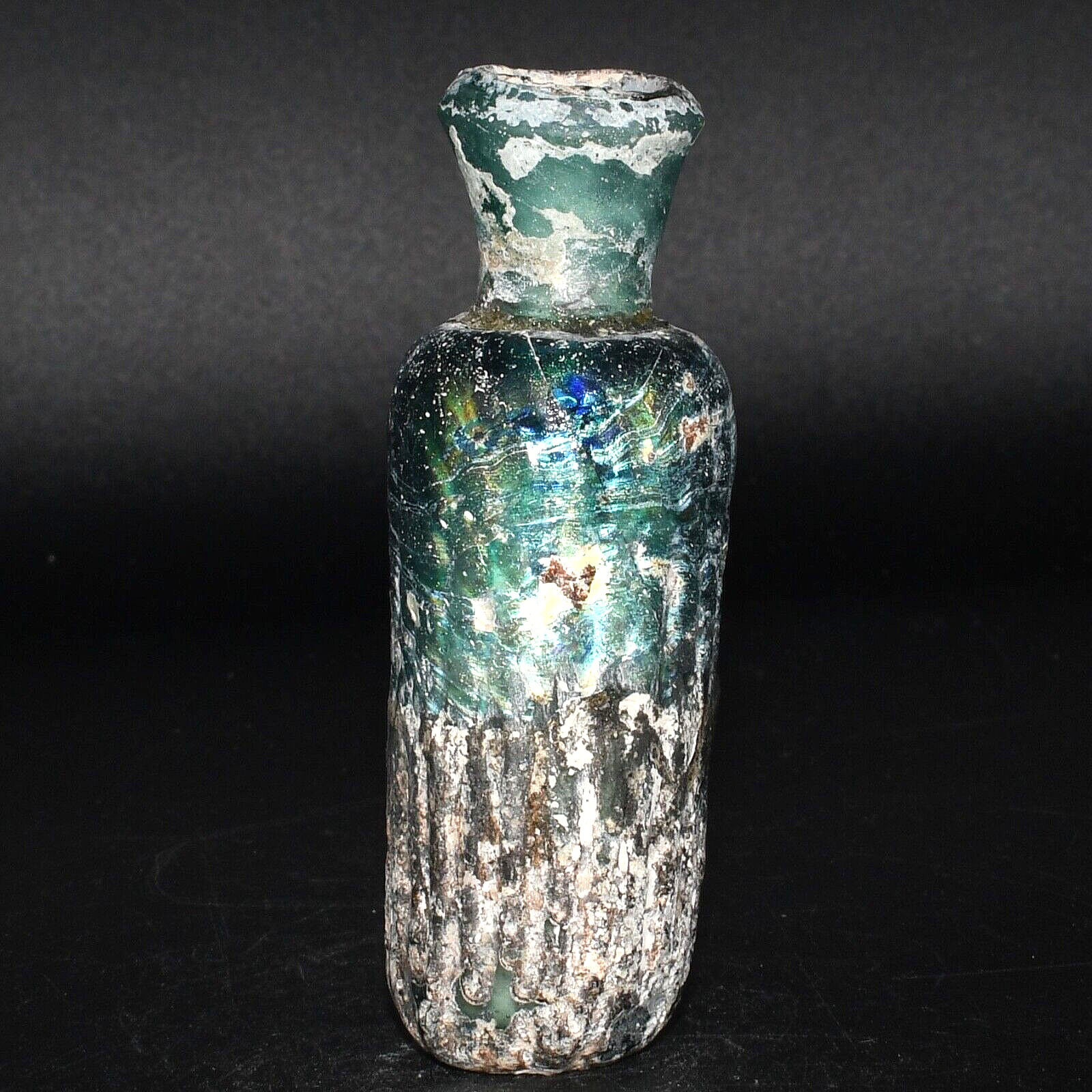 Genuine Ancient Roman Glass Medical Bottle with Blue Iridescent Patina