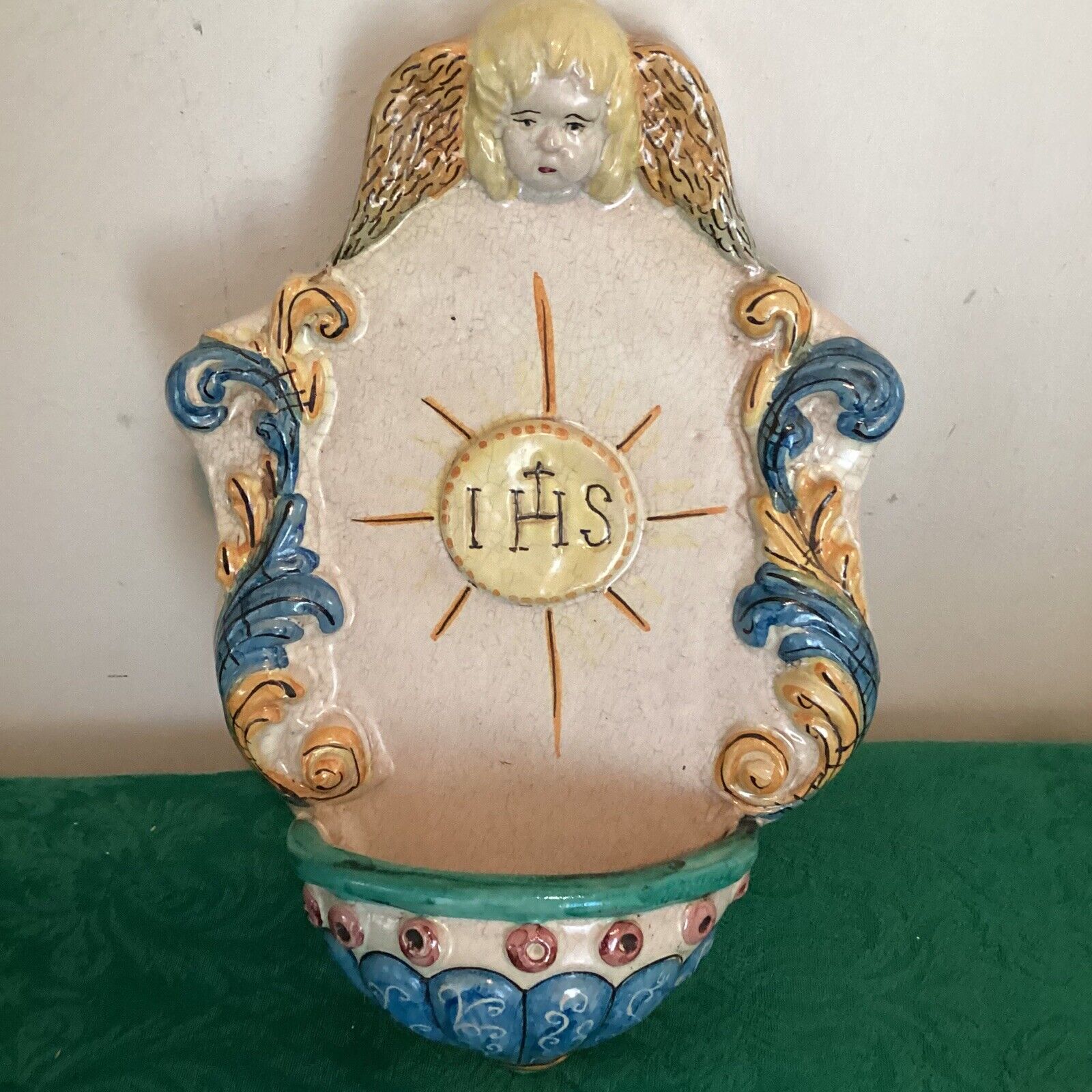 VTG Holy Water Font Angel Ceramic Ornate Hand Painted IHS Jesus Savior Humankind