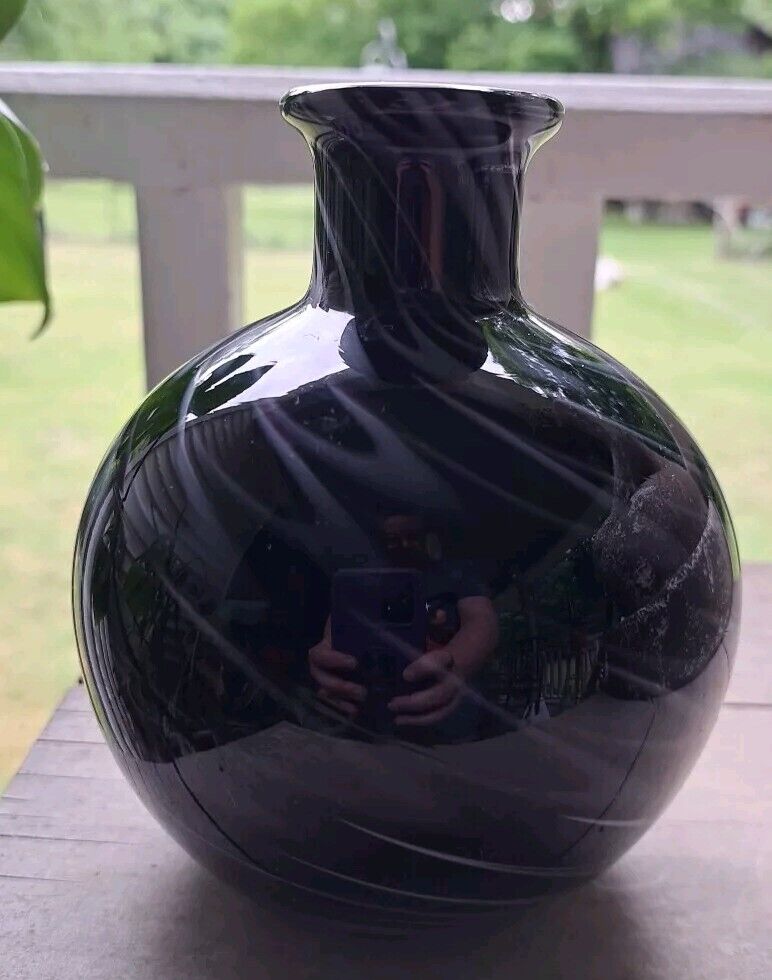 Art Glass Vase Black/White/Grey Swirls Hand Blown Chunky Round Minimalist Gothic