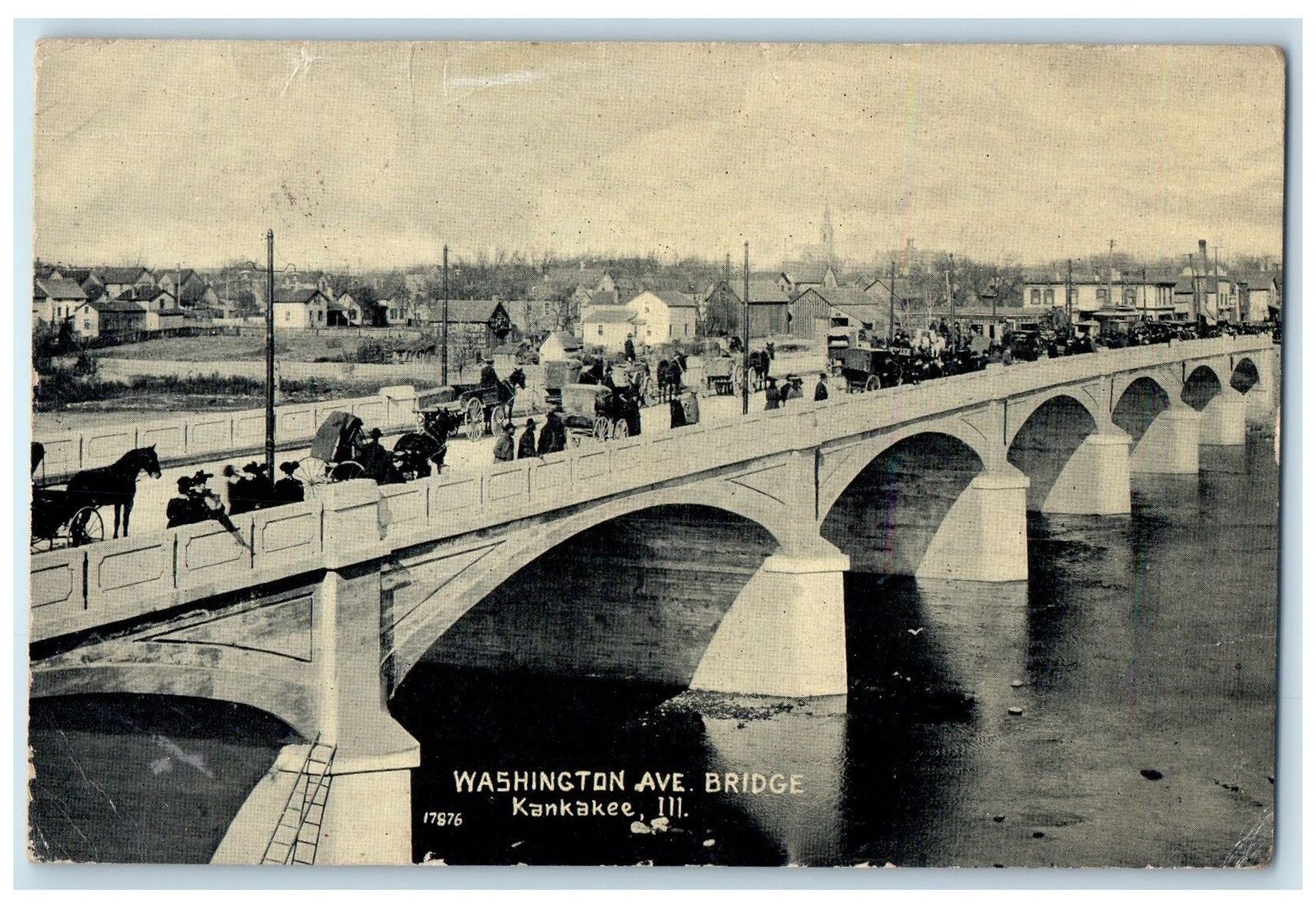 1907 Washington Ave Bridge Crowd Building Classic Car Kamkakee Illinois Postcard