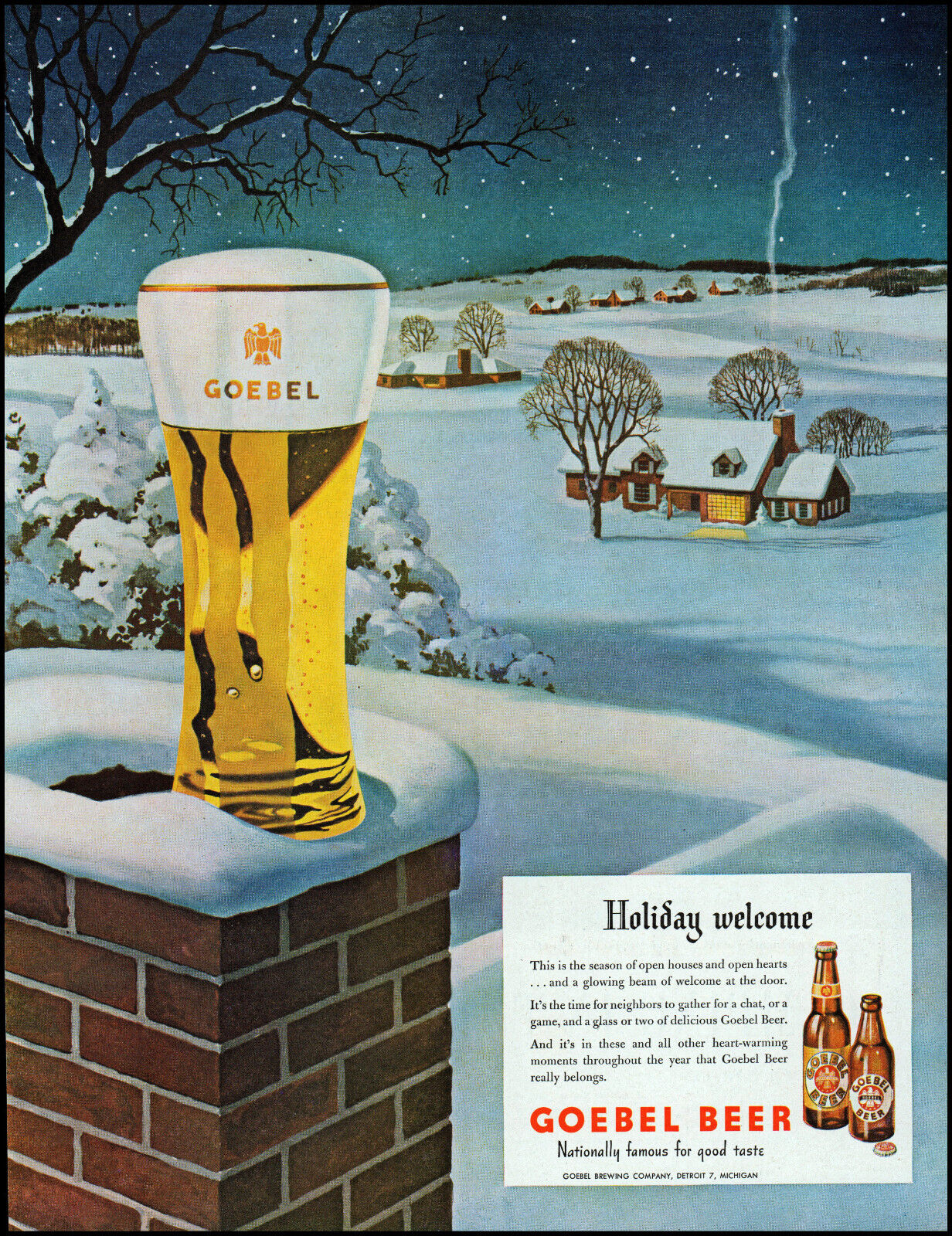 1948 Goebel Beer Holiday welcome snow covered homes vinatge art print ad LA43