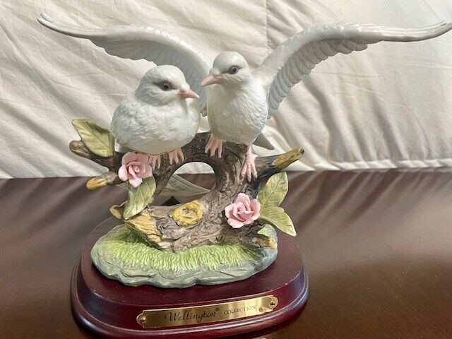 Wellington Porcelain Statue Featuring Two White Doves with Rose Flower Accents