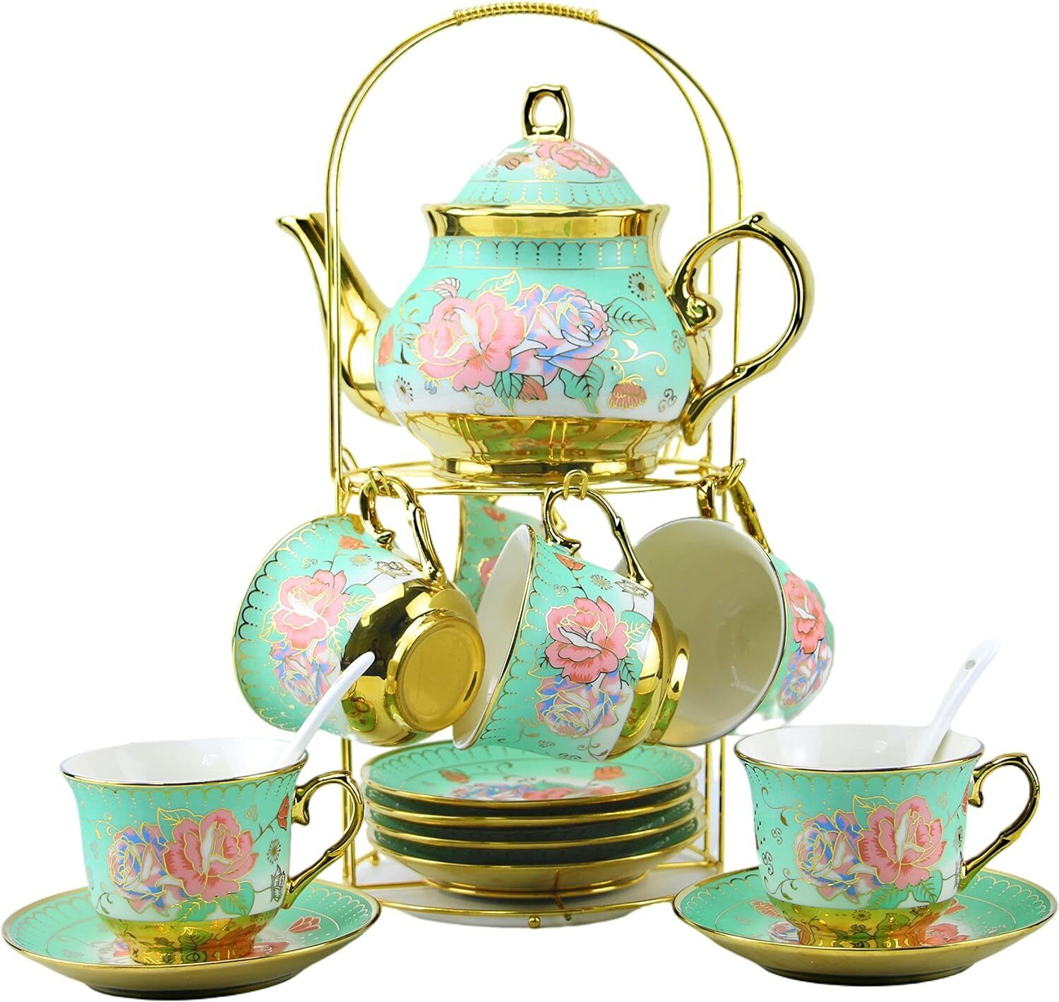 Porcelain Flower Tea Set Ceramic Painting Marbel Mug Cup Coffee Flatware Green