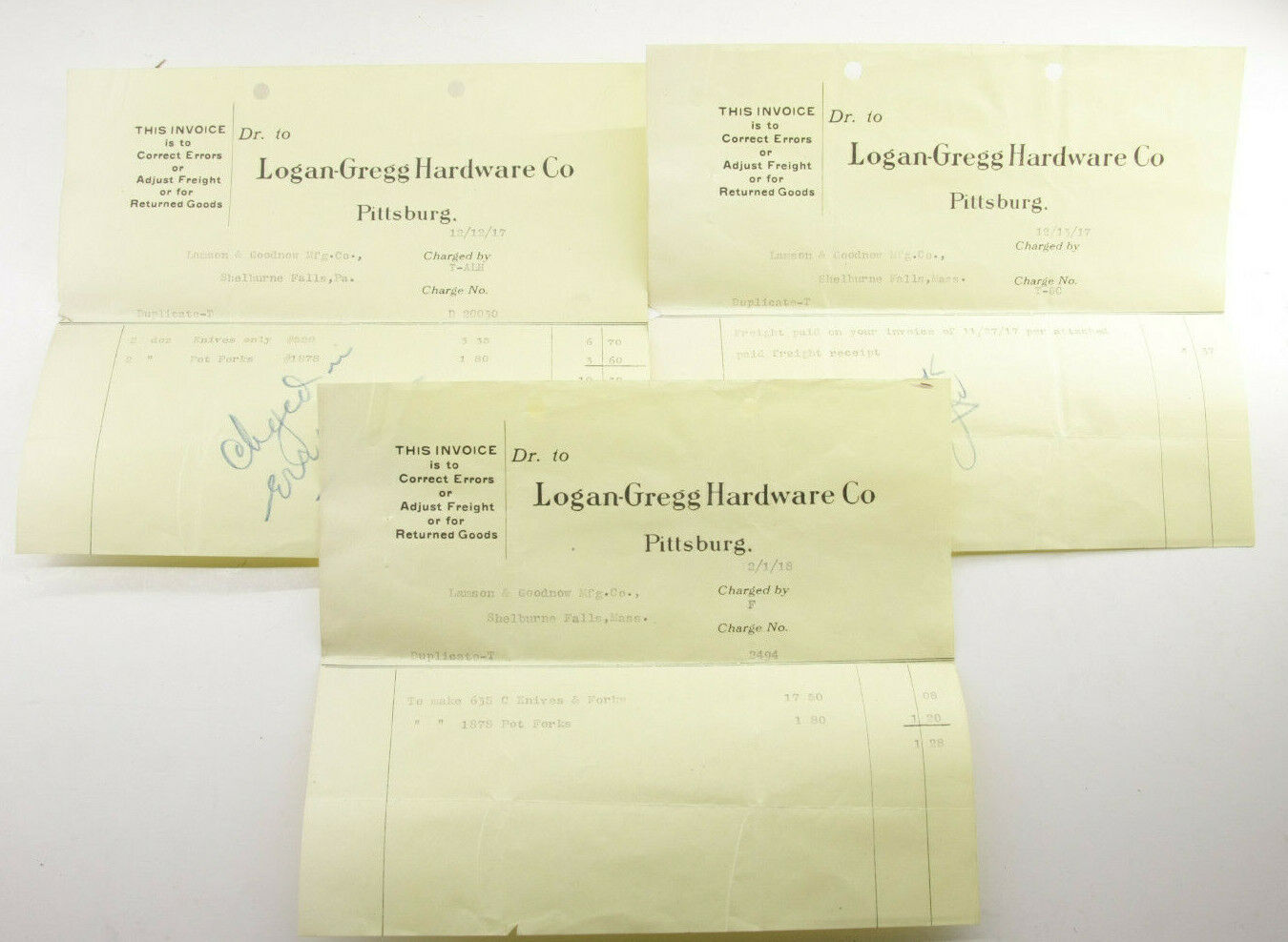 1917-18 Lamson Goodnow Logan Gregg Hardware Pittsburg PA Invoice Ephemera P888C