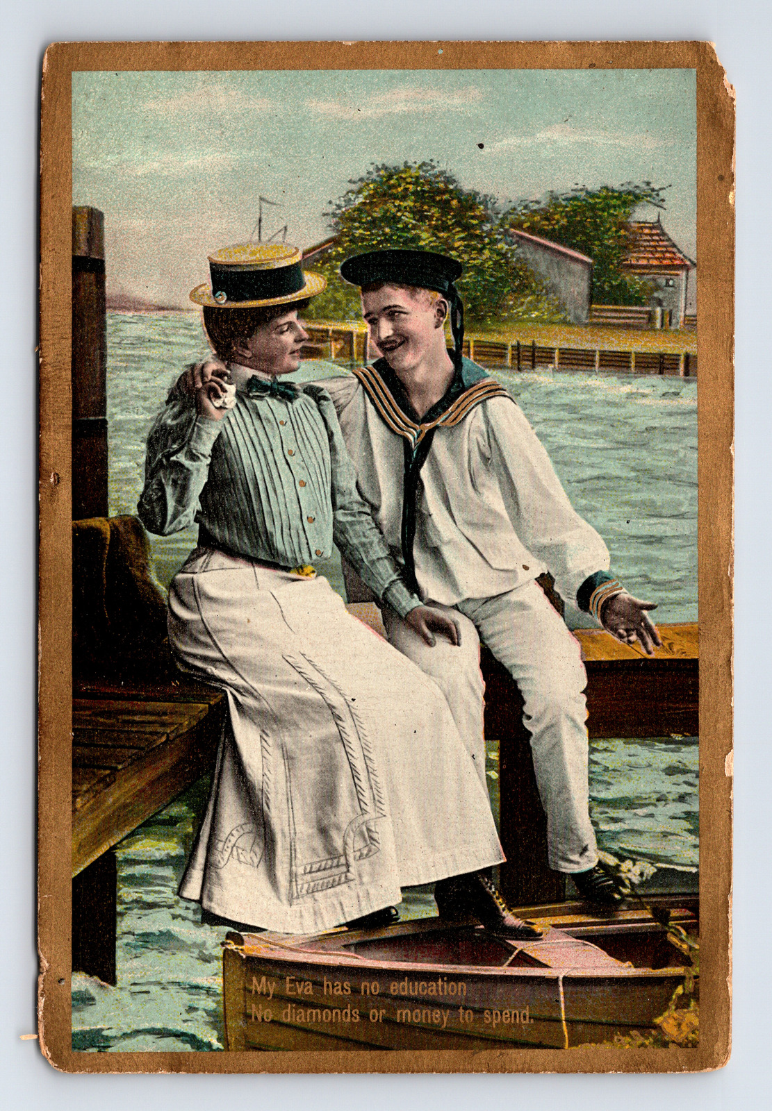 DB Postcard Sailor & Woman Pure Romance Couple Theochrom Gold Border