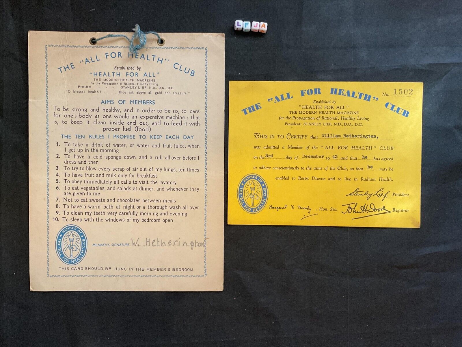 Antique 1940s ALL.FOR HEALTH CLUB CERTIFICATE AND WINDOW DISPLAY CARD