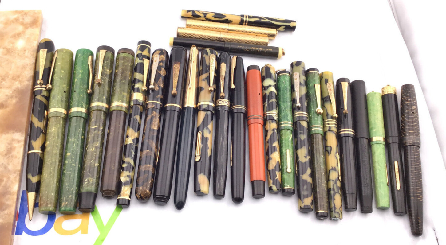 VINTAGE Fountain pen lot of 27 MANY BRANDS ALL MISSING TIPS AS FOUND FOR PARTS